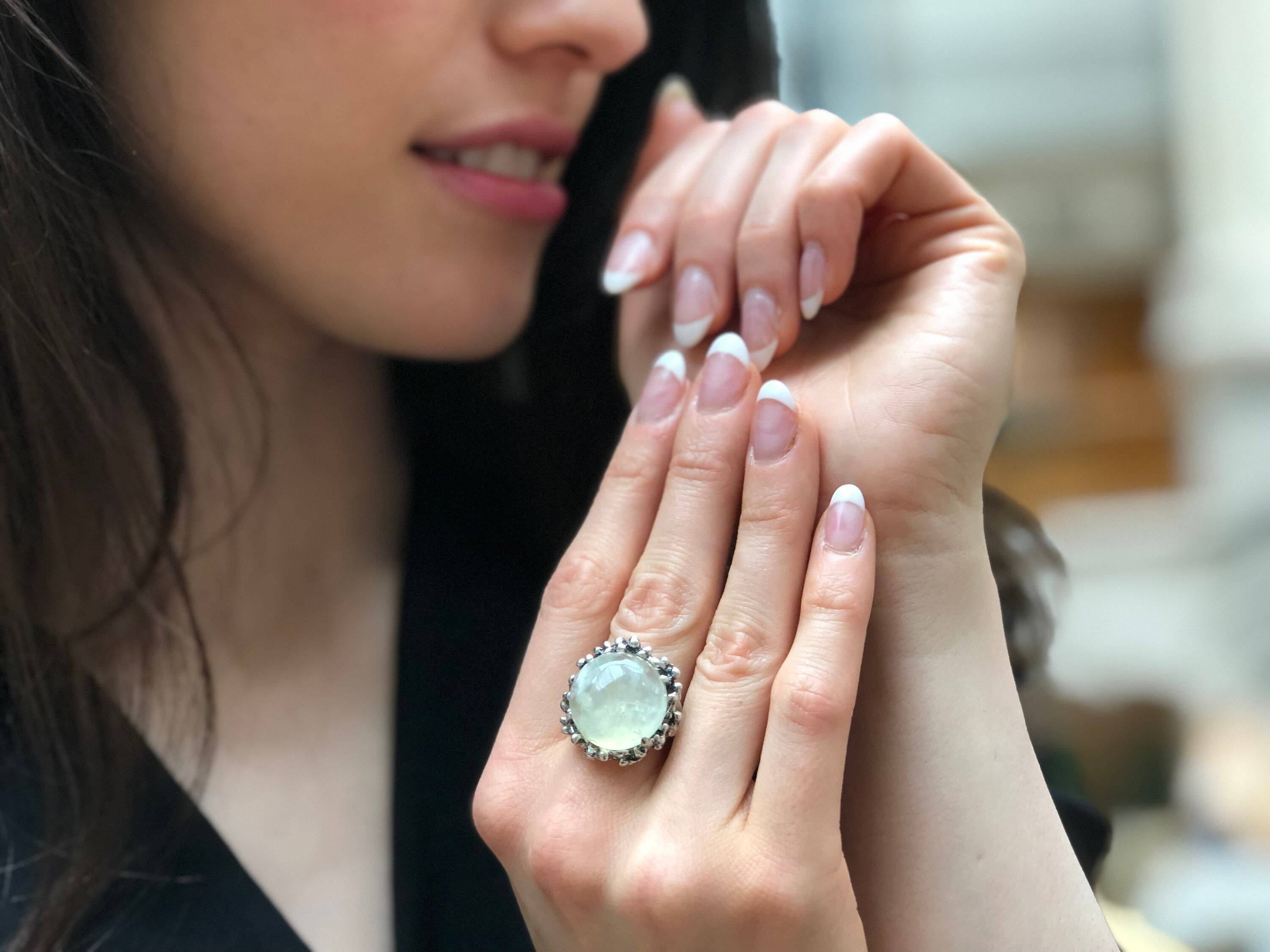 Prehnite Ring, Natural Prehnite, Green Ring, May Birthstone, Statement Ring, May Ring, Vintage Rings, Silver Ring, Unique Ring, Prehnite