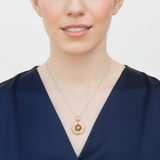 Elegant 18k Gold Vermeil Ruby Pendant, Bezel set with Round Created Red Ruby, perfect for July birthdays and special occasions.