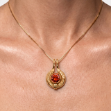 Elegant 18k Gold Vermeil Ruby Pendant, Bezel set with Round Created Red Ruby, perfect for July birthdays and special occasions.