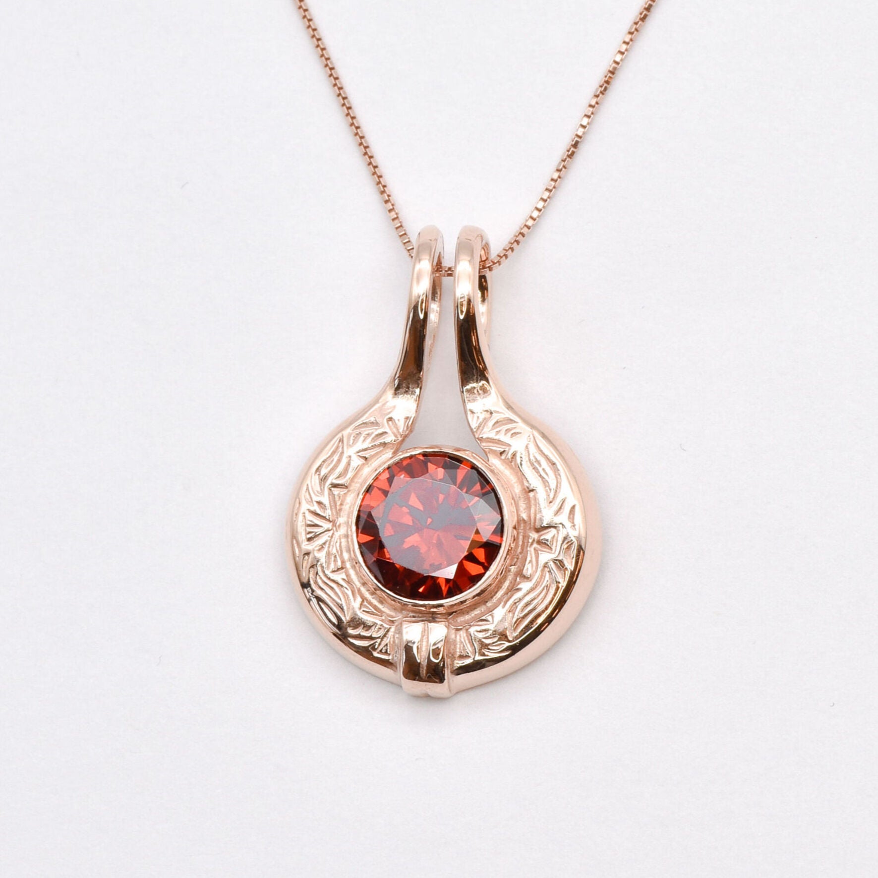 Created Ruby Pendant made in Rose Gold Vermeil with Round Created Red Ruby in Bezel setting, July Birthstone gift idea, symbolizes nobility, purity, and passion, ideal for everyday wear and perfect for birthday gifting and special occasions.