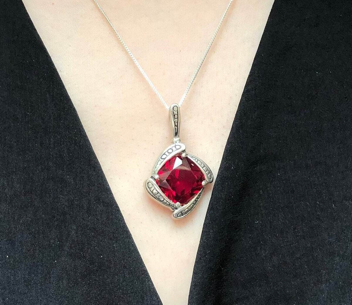 Ruby Pendant in 925 Sterling Silver, featuring a Square Created Red Ruby, perfect for birthdays and special occasions.