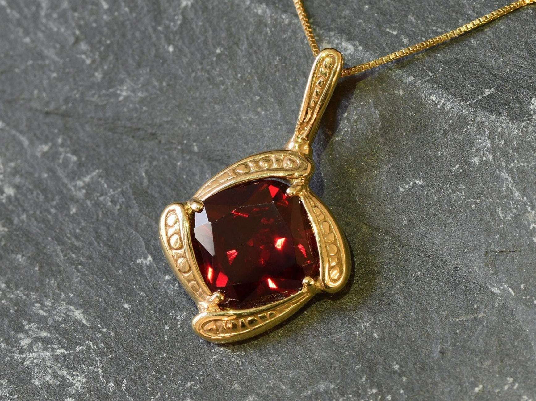 Created Ruby Pendant made in 18k Gold Vermeil with Square Created Red Ruby in Prong setting, July Birthstone gift idea, symbolizes nobility, purity, and passion, ideal for everyday wear and perfect for birthday gifting and special occasions.