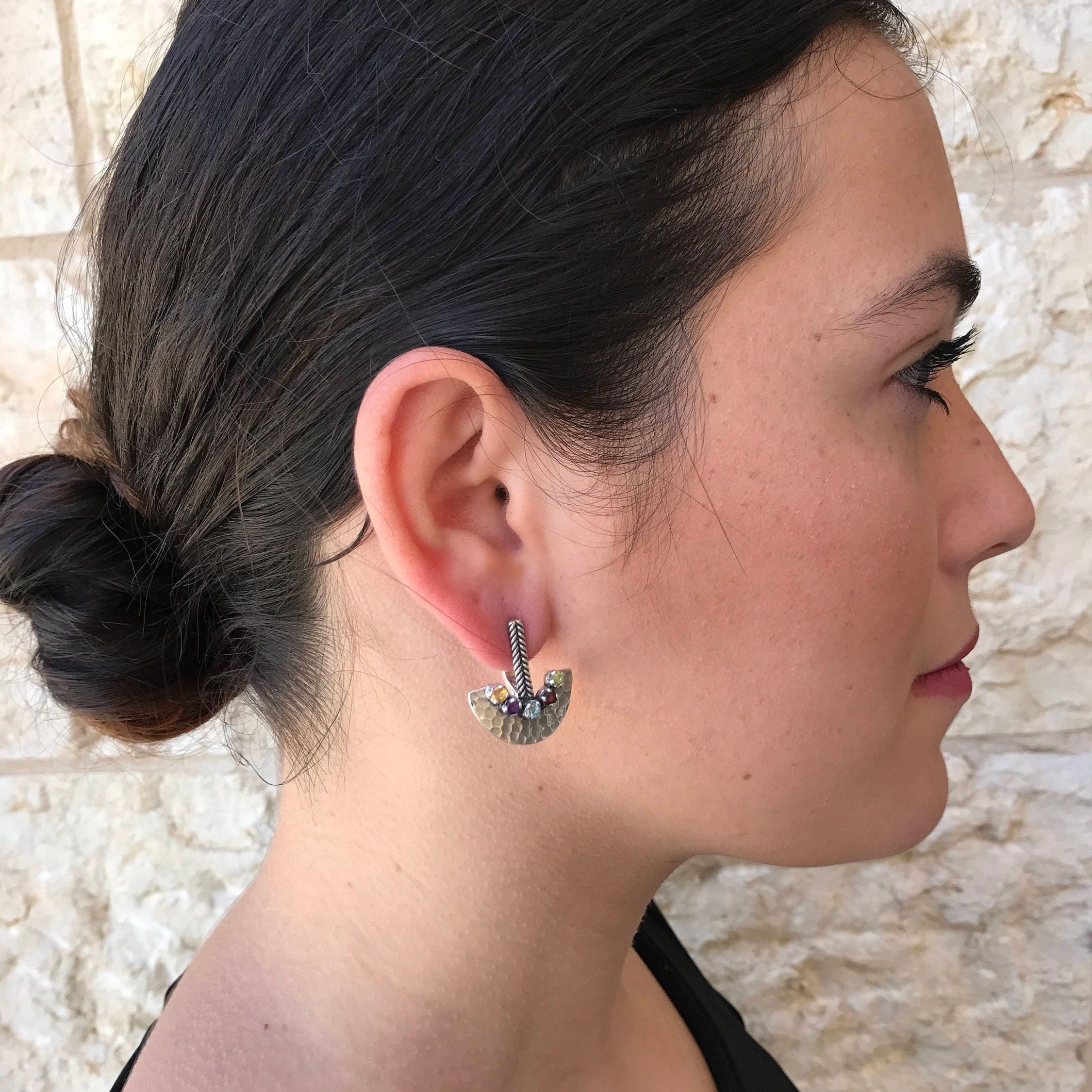 Multistone Earrings, Blue Topaz, Citrine, Garnet, Amethyst, Peridot, Half Moon Earrings, Unique Earrings, Silver Earrings, Natural Stones