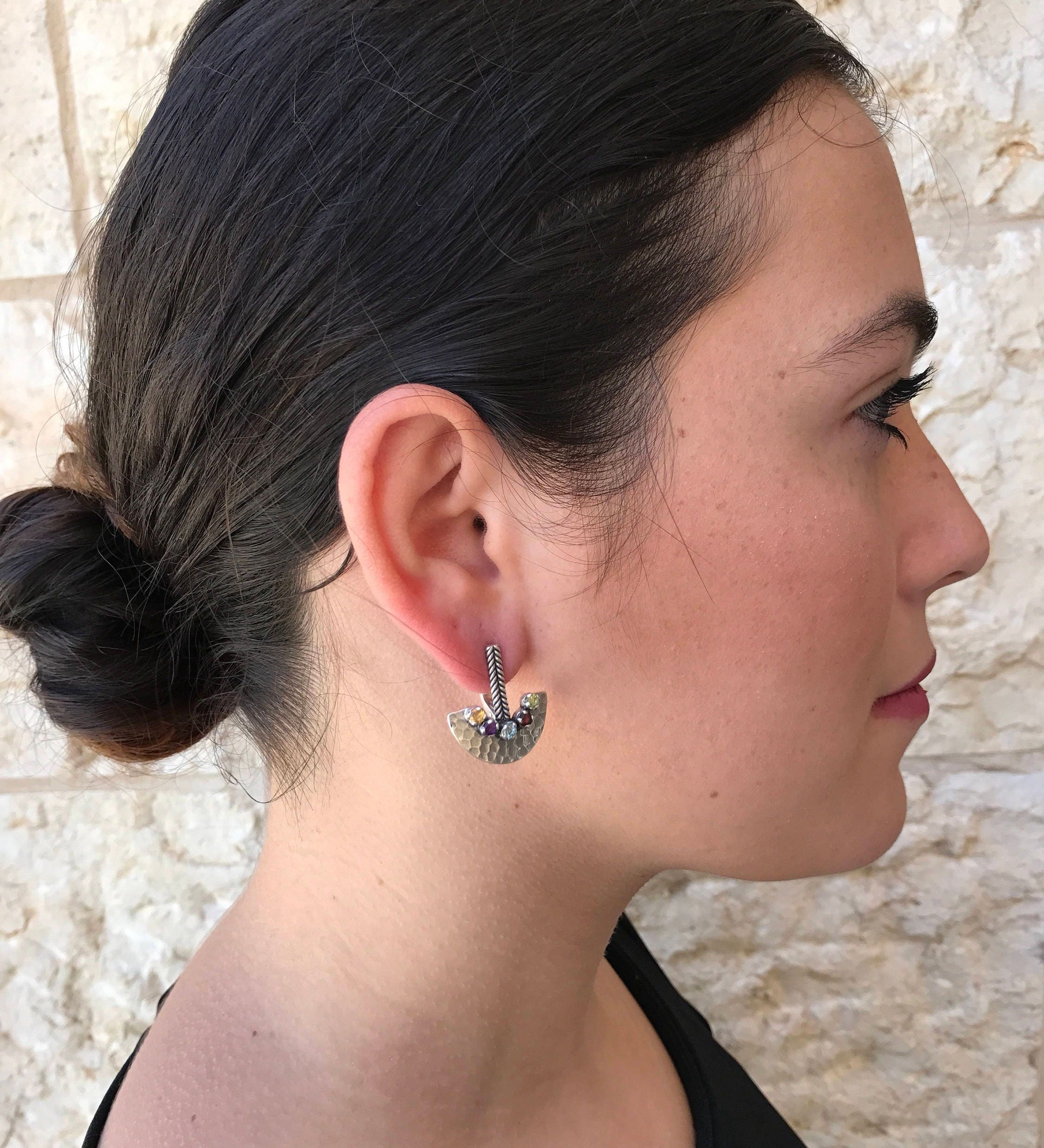 Multistone Earrings, Blue Topaz, Citrine, Garnet, Amethyst, Peridot, Half Moon Earrings, Unique Earrings, Silver Earrings, Natural Stones