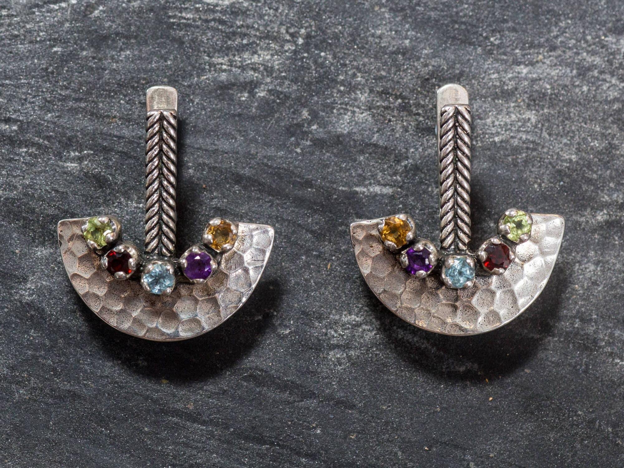 Multistone Earrings, Blue Topaz, Citrine, Garnet, Amethyst, Peridot, Half Moon Earrings, Unique Earrings, Silver Earrings, Natural Stones