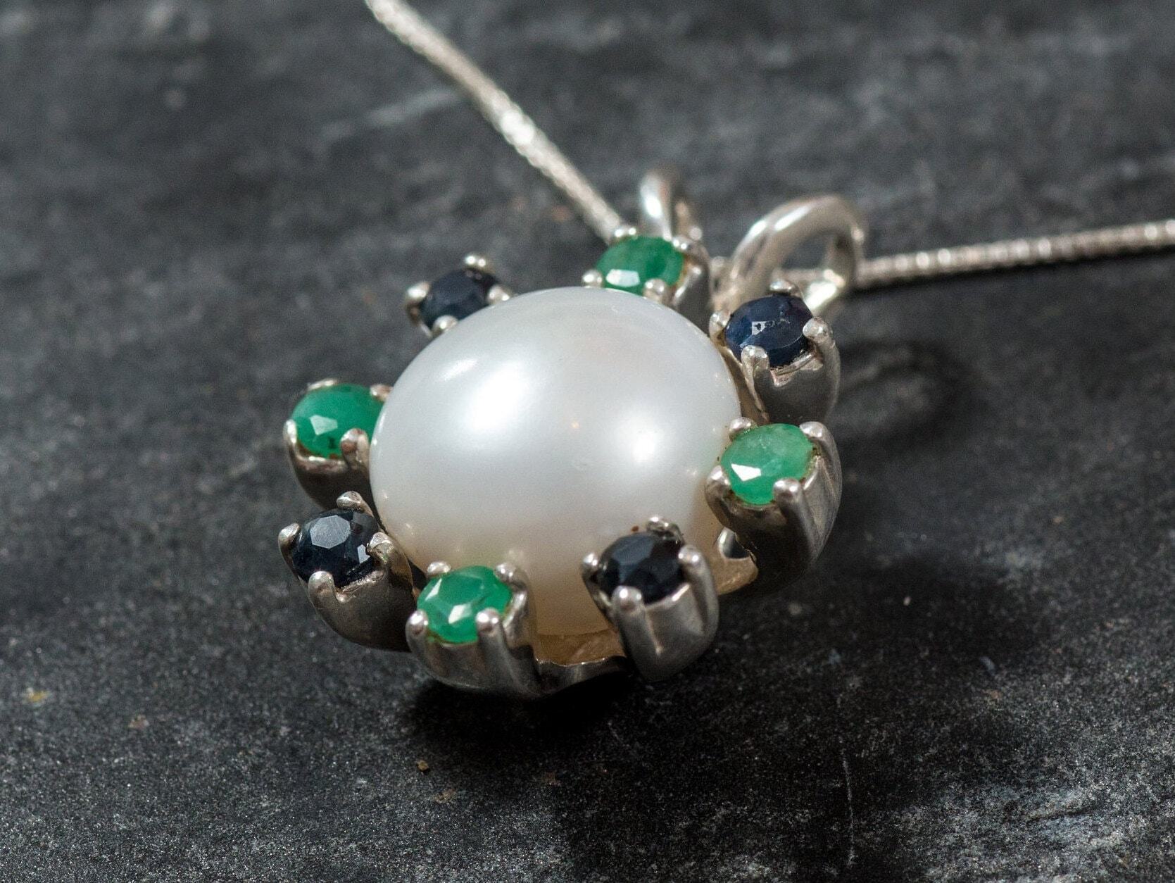 Real Pearl Pendant, White Pearl Pendant, Natural Pearl, Natural Emerald, Natural Sapphire, June Birthstone, Real Pearl, Vintage Pendant