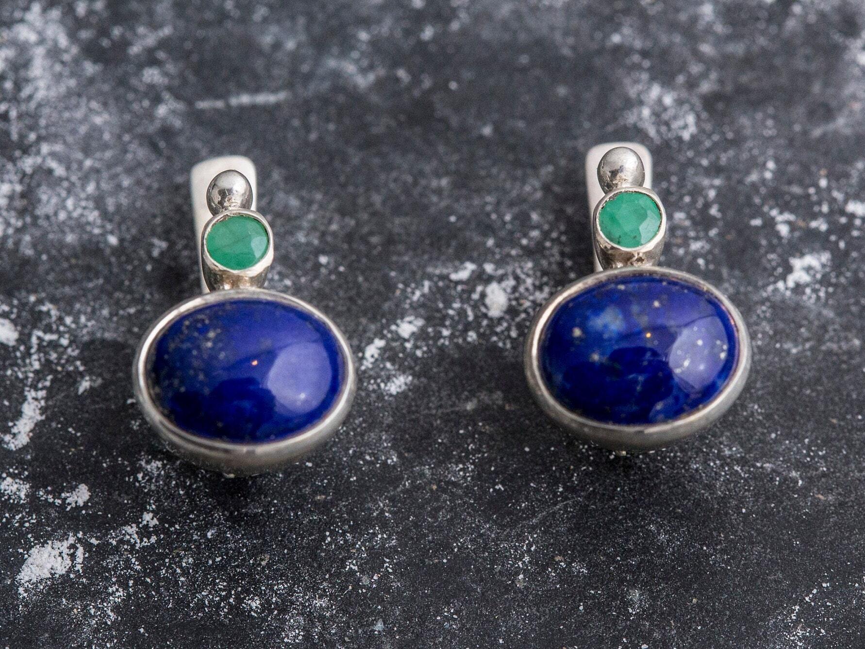 Lapis Earrings, Natural Lapis, Natural Emerald, Blue Earrings, December Birthstone, Vintage Earrings, Silver Earrings, Lapis Lazuli