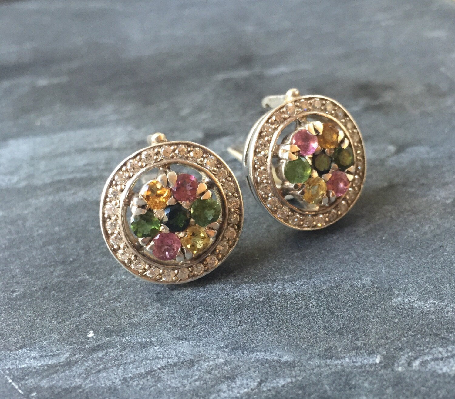 Tourmaline Earrings, Cluster Earrings, October Birthstone, Pink Tourmaline, Tourmaline, Gemstone Earrings, October Earrings, Silver Earrings