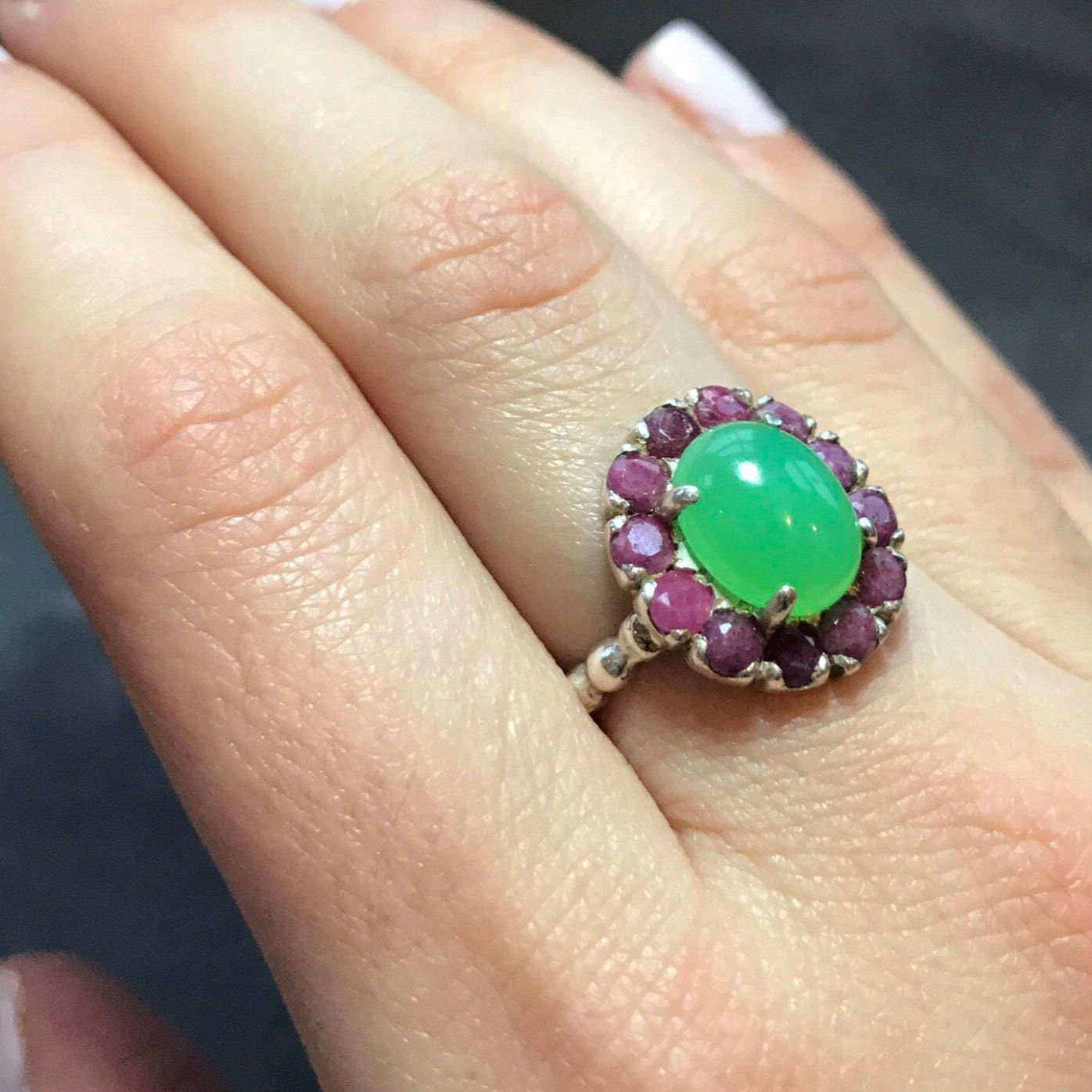 Chrysoprase Ring, Natural Chrysoprase, Ruby Ring, Birthstone Ring, Vintage Rings, Chrysoprase, Solid Silver Ring, Victorian Ring, Real Ruby