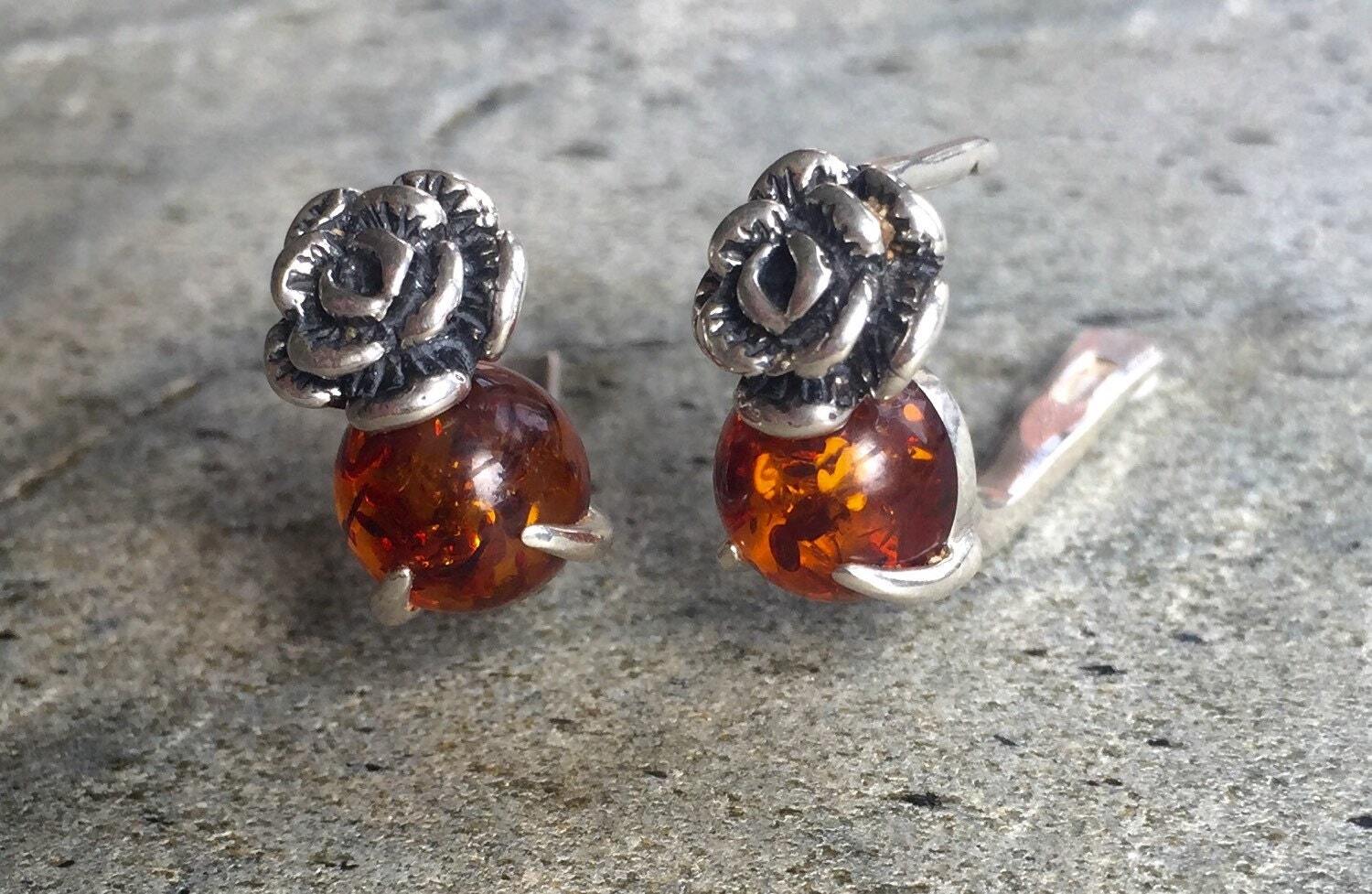 Flower Earrings, Amber Earrings, Silver Flower Earrings, Natural Amber, Vintage Amber Earrings, Genuine Amber, Solid Silver, Healing Stones