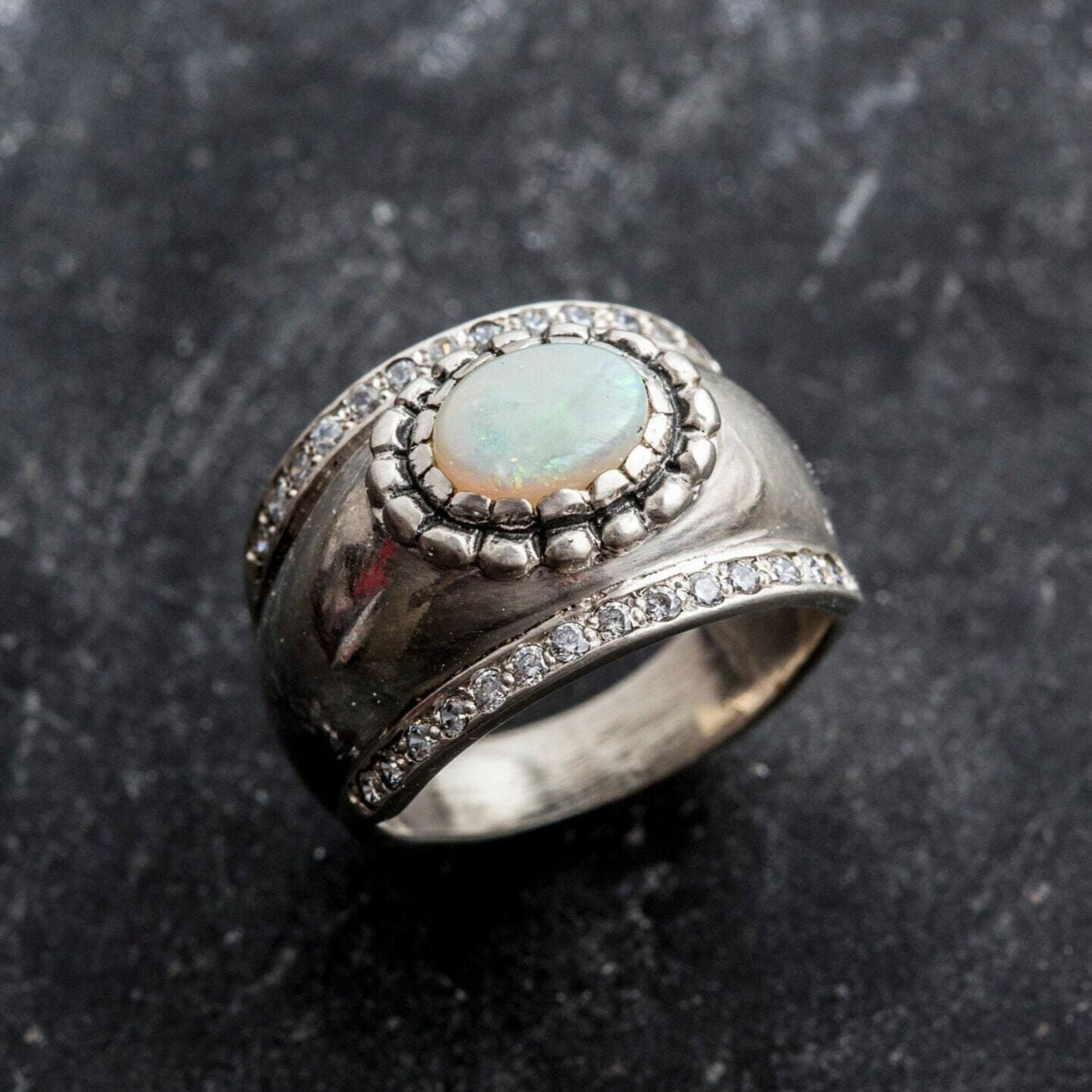 Natural Australian Opal Ring made in 925 Sterling Silver with Natural White Australian Opal in setting, October Birthstone gift idea, symbolizes hope, purity, and truth, ideal for everyday wear and perfect for birthday gifting and special occasions.