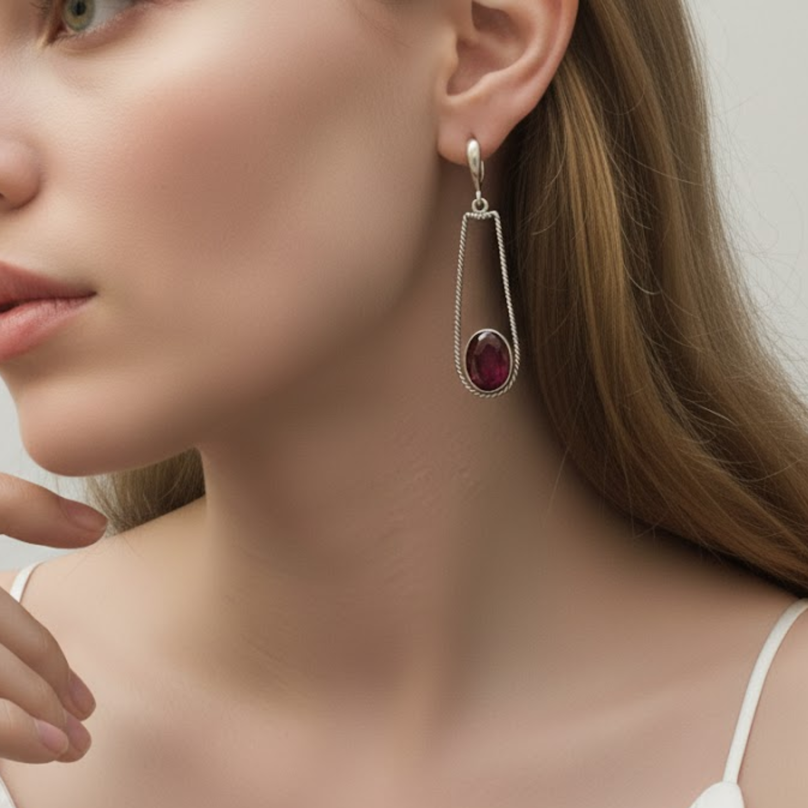 Ruby earrings in 925 sterling silver with oval created red ruby, perfect birthday gift and elegant for everyday wear.