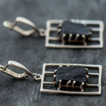 Black Agate Earrings, Natural Black Agate, Vintage Earrings, Raw Earrings, Statement Earrings, Black Earrings, Silver Earrings, Black Agate