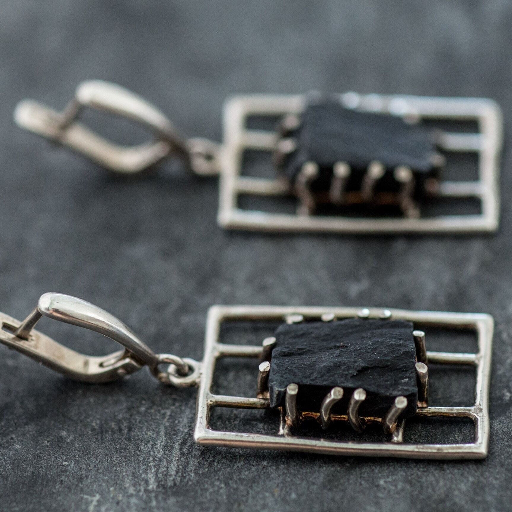 Black Agate Earrings, Natural Black Agate, Vintage Earrings, Raw Earrings, Statement Earrings, Black Earrings, Silver Earrings, Black Agate