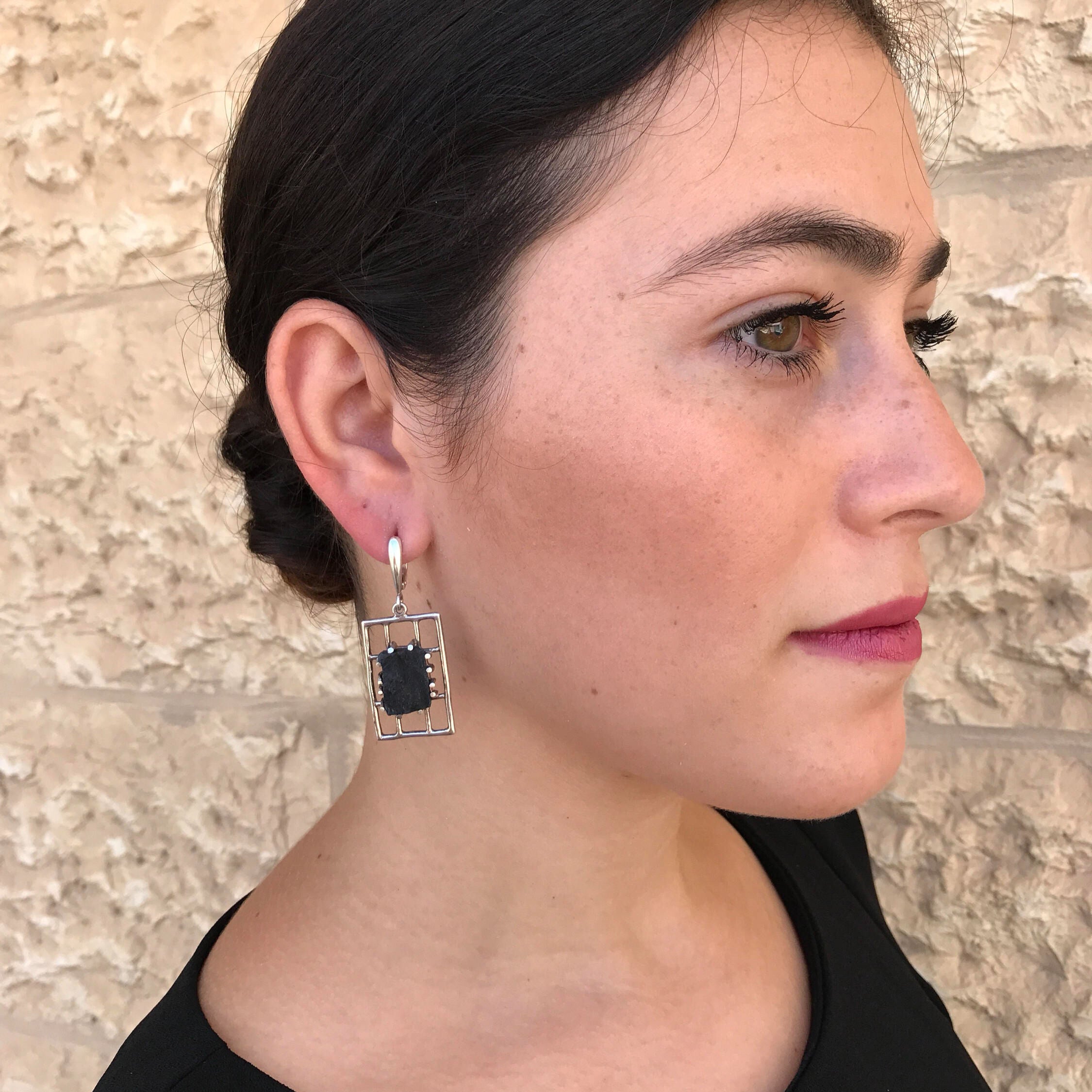Black Agate Earrings, Natural Black Agate, Vintage Earrings, Raw Earrings, Statement Earrings, Black Earrings, Silver Earrings, Black Agate