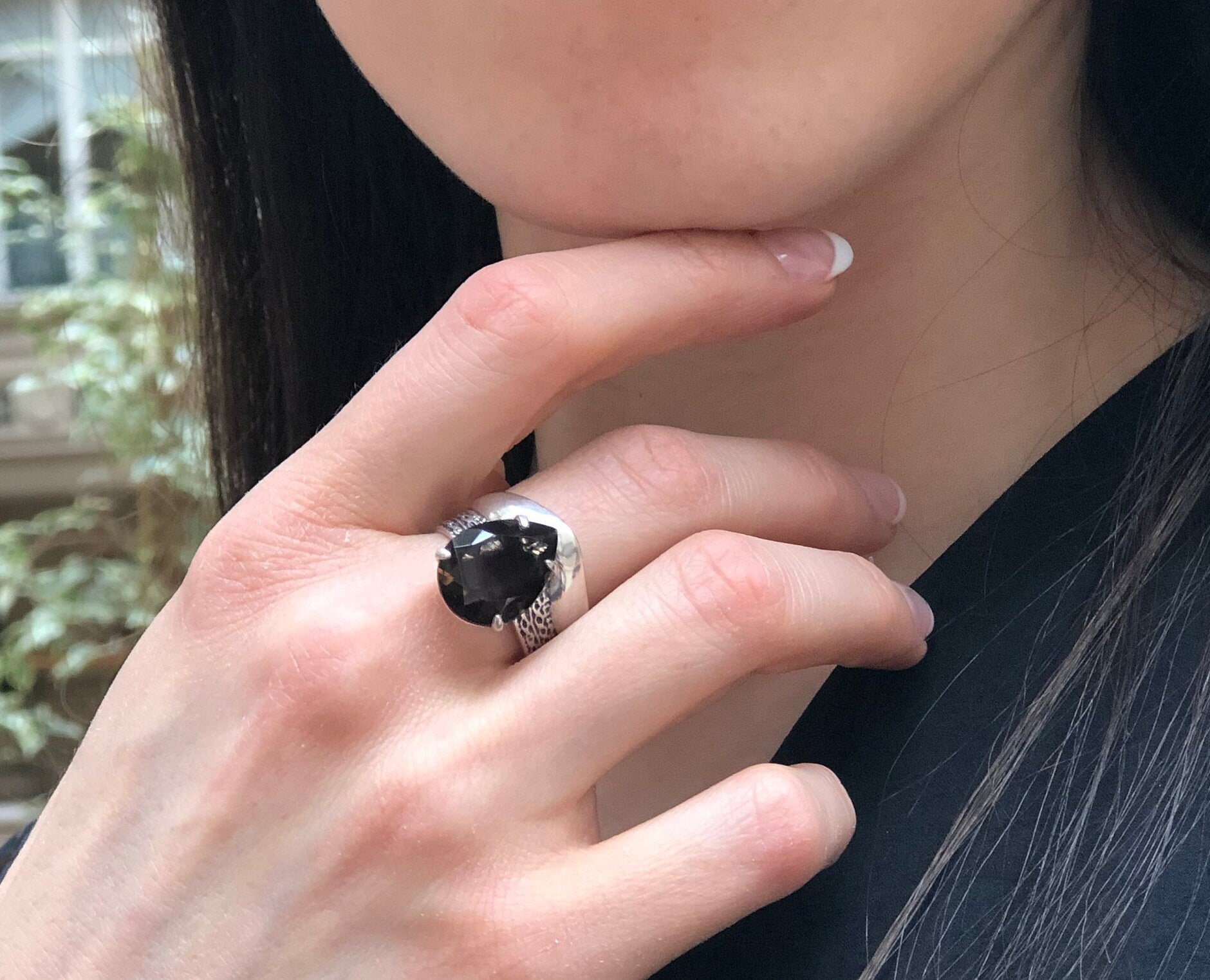 Teardrop Ring, Smoky Topaz Ring, Statement Ring, Artistic Ring, Silver Vintage Ring, Wide Band, Large Ring, Brown Ring, Solid Silver Ring