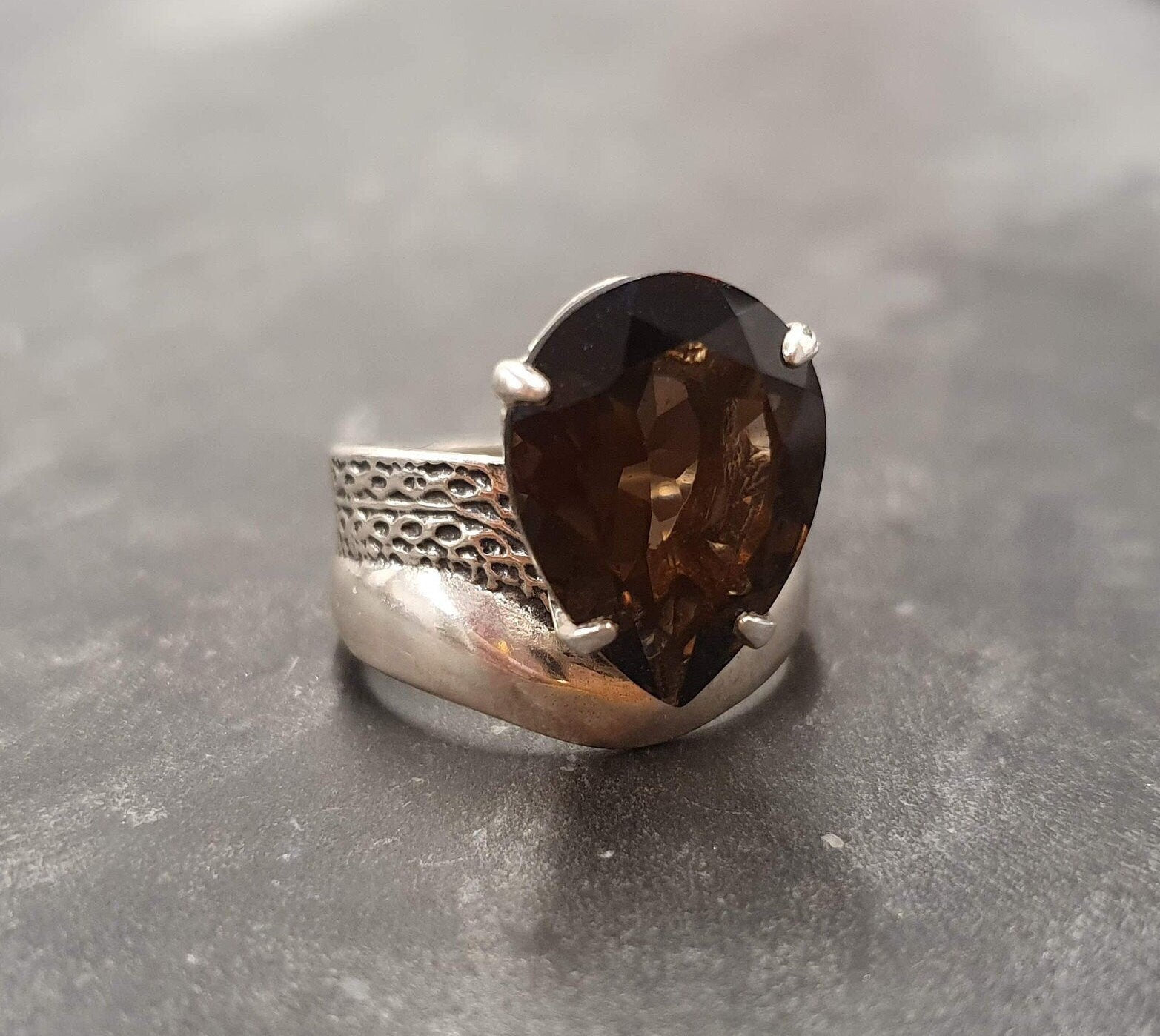 Teardrop Ring, Smoky Topaz Ring, Statement Ring, Artistic Ring, Silver Vintage Ring, Wide Band, Large Ring, Brown Ring, Solid Silver Ring