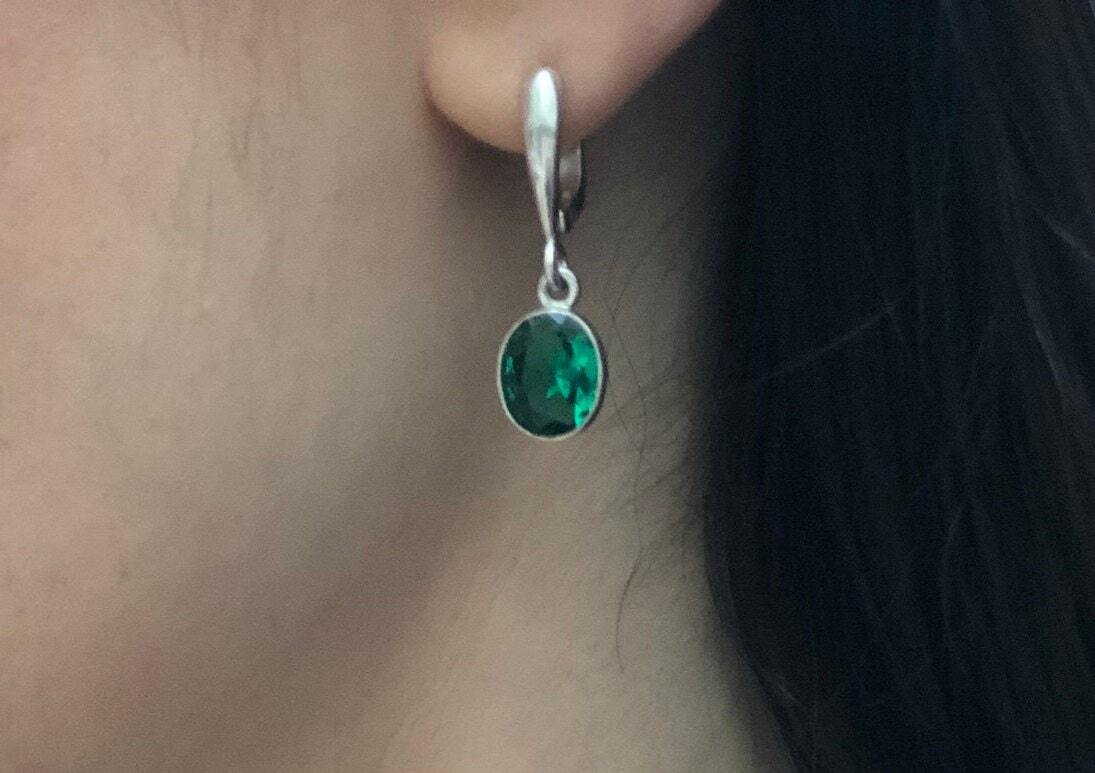 Elegant Created Emerald Earrings in 925 Sterling Silver, featuring an oval gemstone, perfect for birthdays and special occasions.