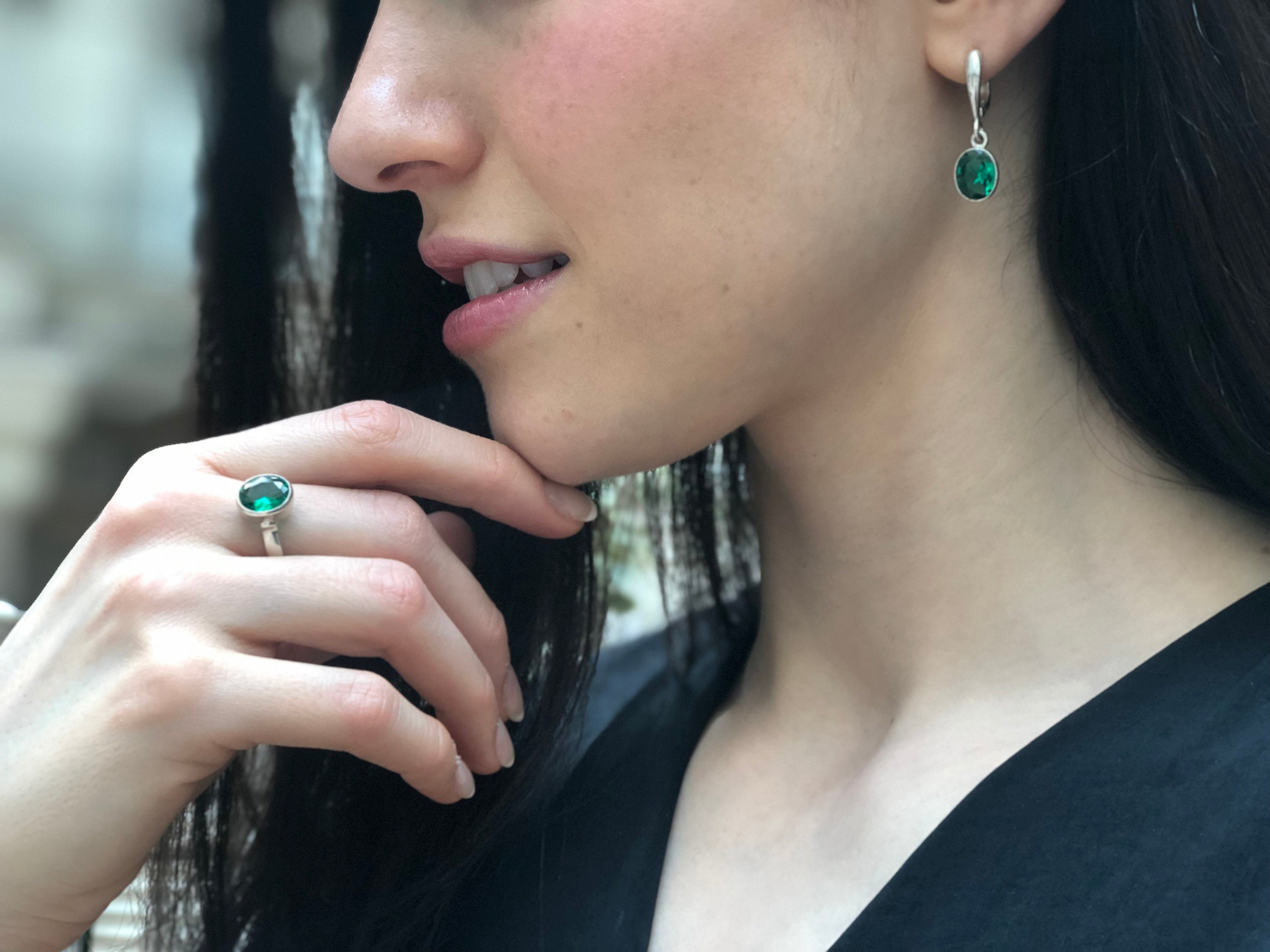 Created Emerald Earrings made in 925 Sterling Silver with Oval Created Green Emerald in Bezel setting, May Birthstone gift idea, symbolizes, ideal for everyday wear and perfect for birthday gifting and special occasions.