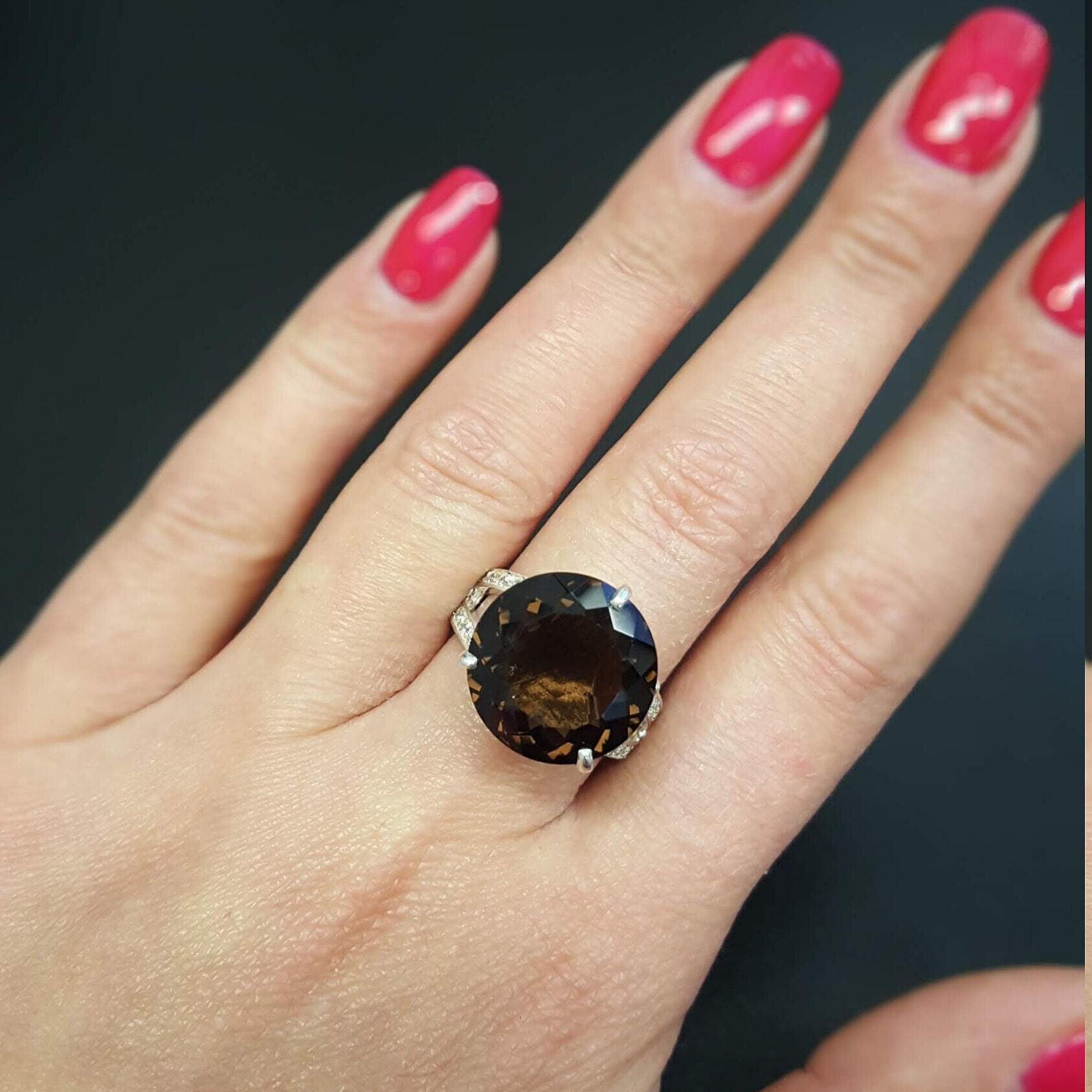 Smoky Topaz Ring, Natural Topaz, Big Stone Ring, Promise Ring, Solid Silver Ring, Diamond Cut, Sterling Silver Ring, Natural Stone, Topaz