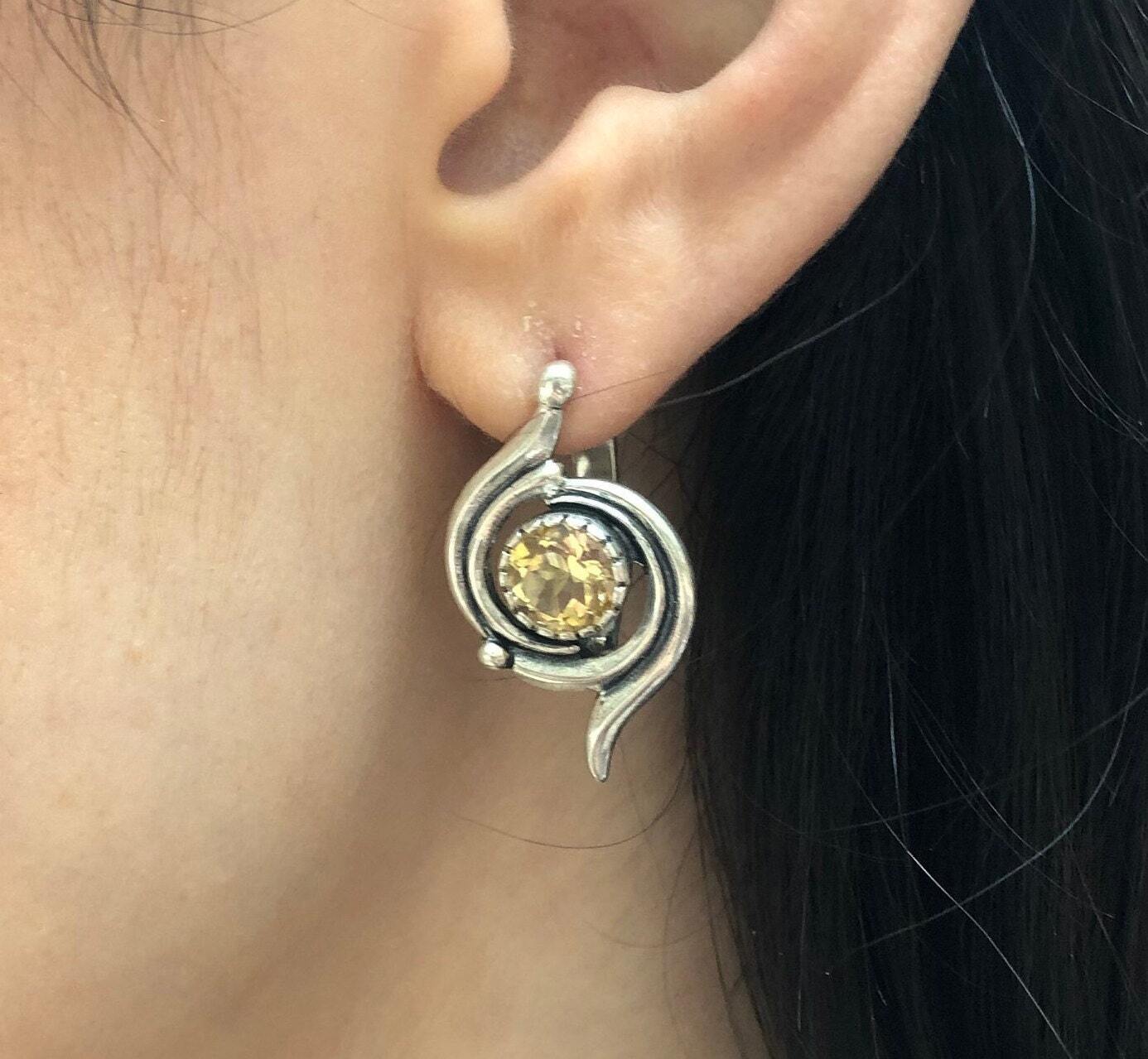 Citrine Earrings, Stud Earrings, Swirl Earrings, Spiral Studs, November Birthstone, Yellow Earrings, Dainty Earrings, Solid Silver Earrings