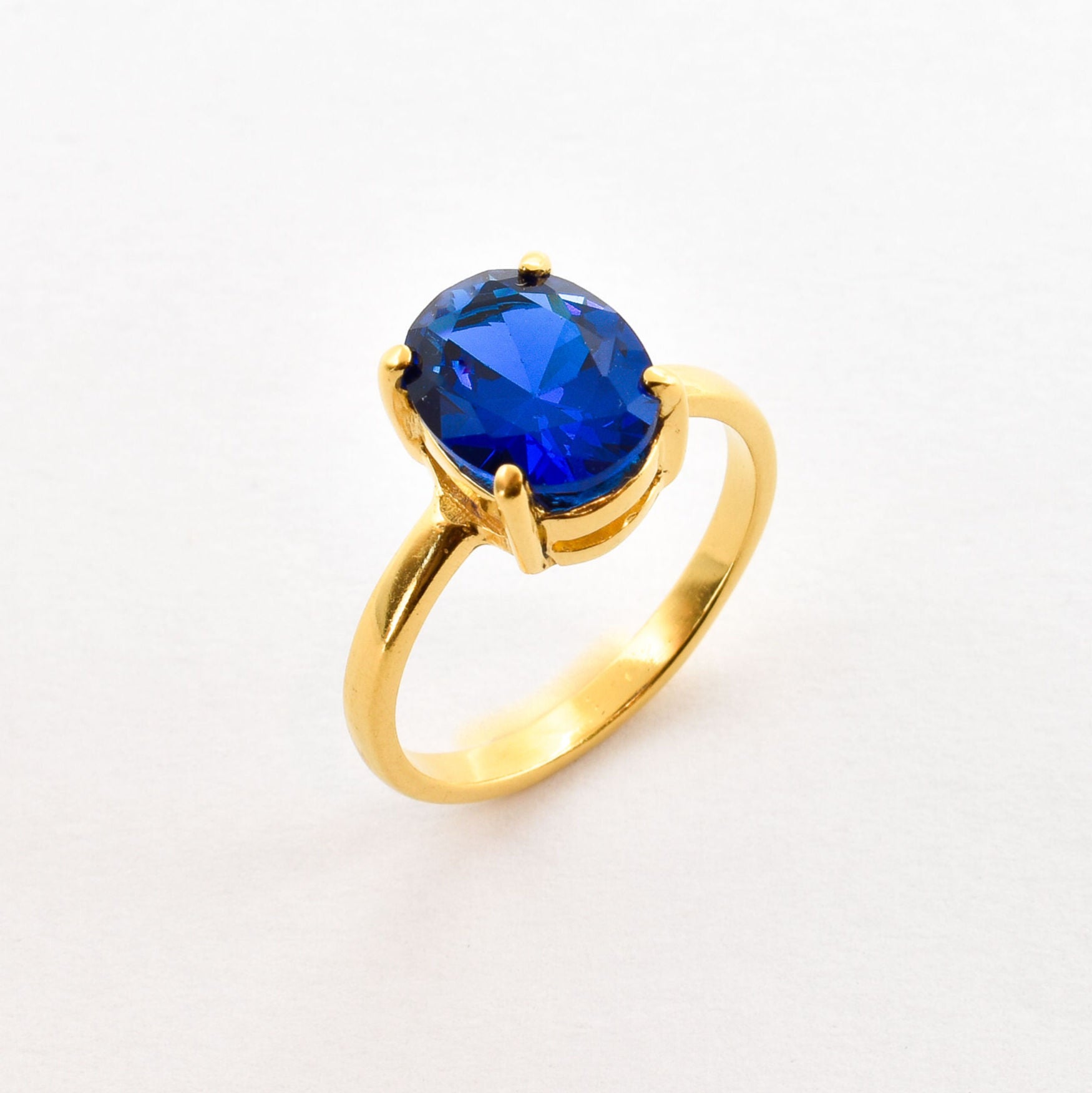 Created Sapphire Ring made in 18k Gold Vermeil with Baguette Created Blue Sapphire in Prong setting, September Birthstone gift idea, symbolizes sincerity, truth, and faithfulness, ideal for everyday wear and perfect for birthday gifting and special occasions.