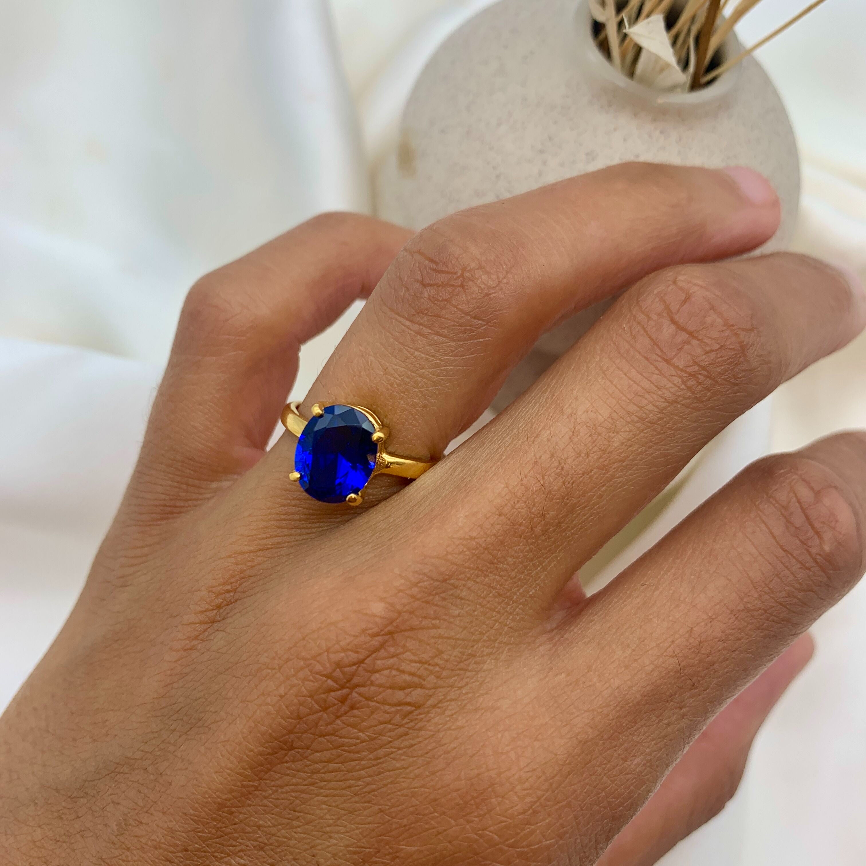 Elegant 18k Gold Vermeil ring with Baguette Created Blue Sapphire, perfect September birthday gift symbolizing sincerity and faithfulness.