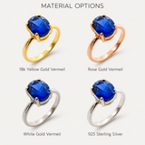 Gorgeous 18k Gold Vermeil ring adorned with a baguette Created Blue Sapphire, a heartfelt gift representing loyalty and truth.