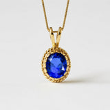 Created Sapphire Pendant made in 18k Gold Vermeil with Oval Created Blue Sapphire in Solitaire setting, September Birthstone gift idea, symbolizes sincerity, truth, and faithfulness, ideal for everyday wear and perfect for birthday gifting and special occasions.