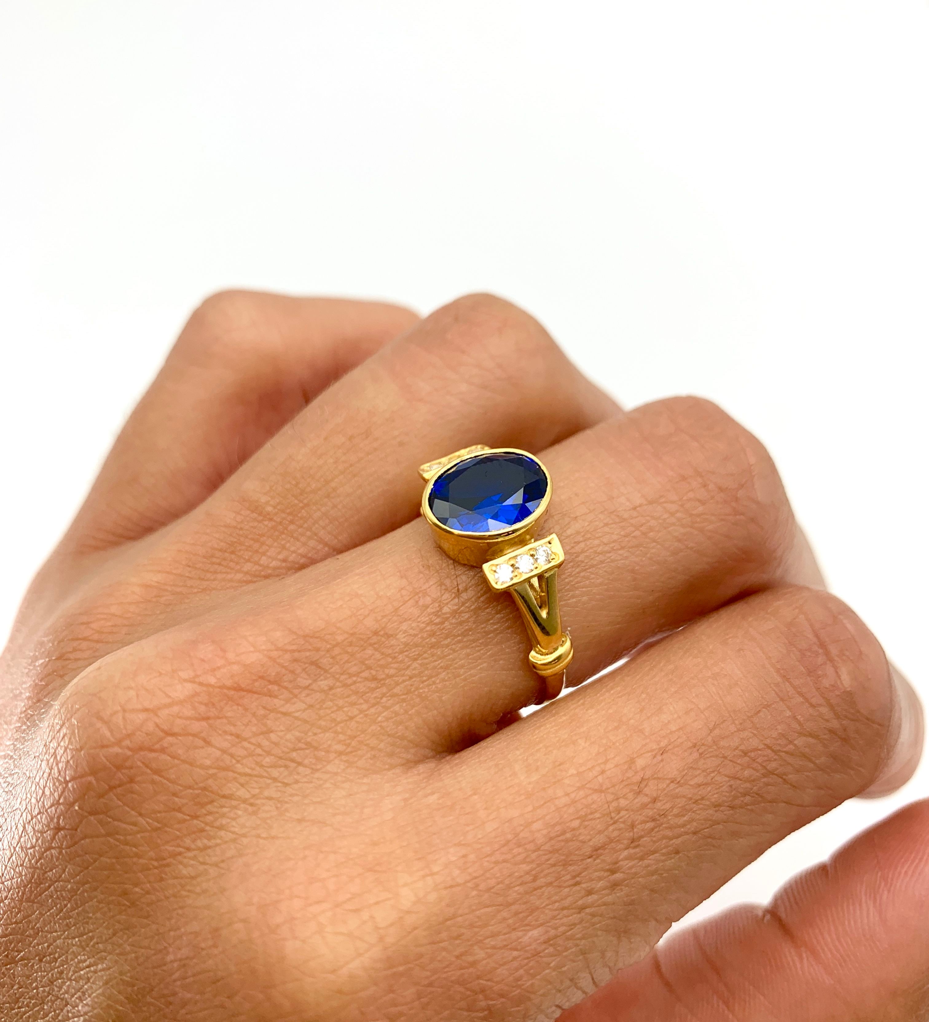 Elegant 18k Gold Vermeil ring featuring an Oval Created Blue Sapphire, perfect for September birthdays and special occasions.