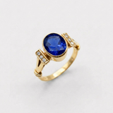 Created Sapphire Ring made in 18k Gold Vermeil with Oval Created Blue Sapphire in Bezel setting, September Birthstone gift idea, symbolizes sincerity, truth, and faithfulness, ideal for everyday wear and perfect for birthday gifting and special occasions.