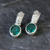 Emerald Earrings, Created Emerald, Tribal Earrings, Green Boho Earrings, Bohemian Earrings, Long Studs, Vintage Earrings, Silver Earrings