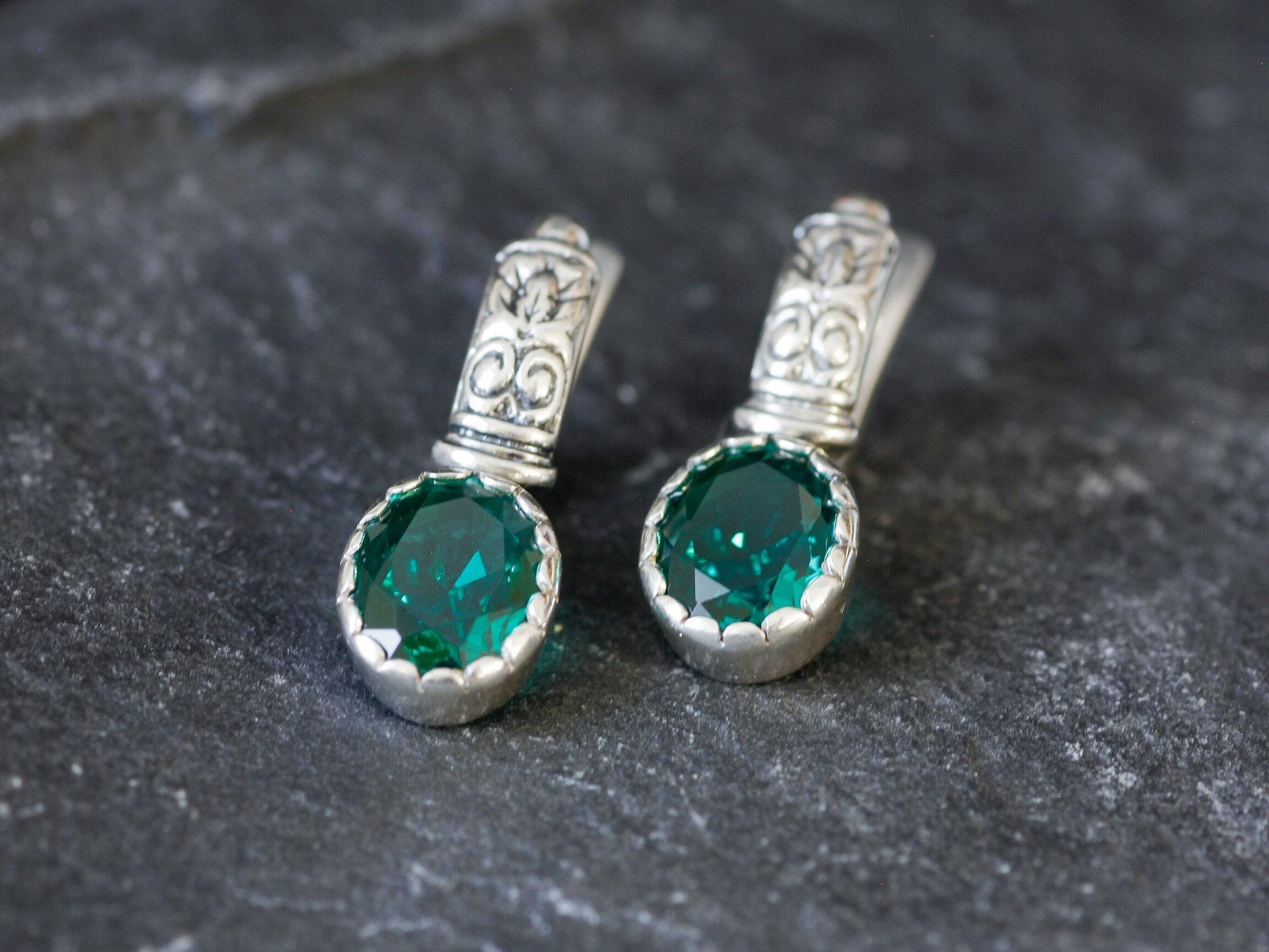 Emerald Earrings, Created Emerald, Tribal Earrings, Green Boho Earrings, Bohemian Earrings, Long Studs, Vintage Earrings, Silver Earrings