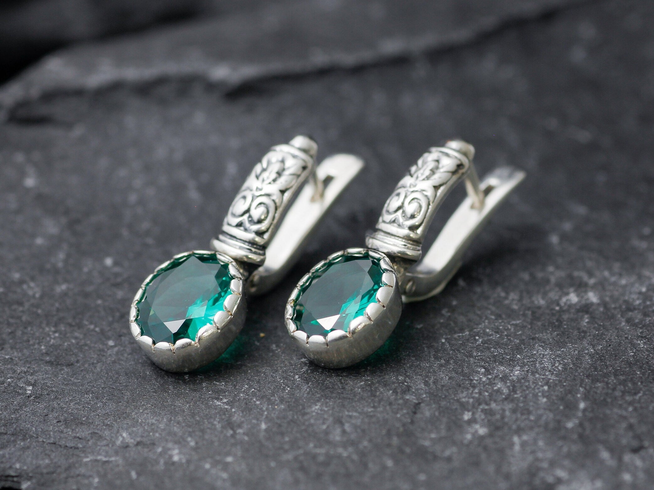 Emerald Earrings, Created Emerald, Tribal Earrings, Green Boho Earrings, Bohemian Earrings, Long Studs, Vintage Earrings, Silver Earrings