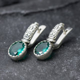 Emerald Earrings, Created Emerald, Tribal Earrings, Green Boho Earrings, Bohemian Earrings, Long Studs, Vintage Earrings, Silver Earrings