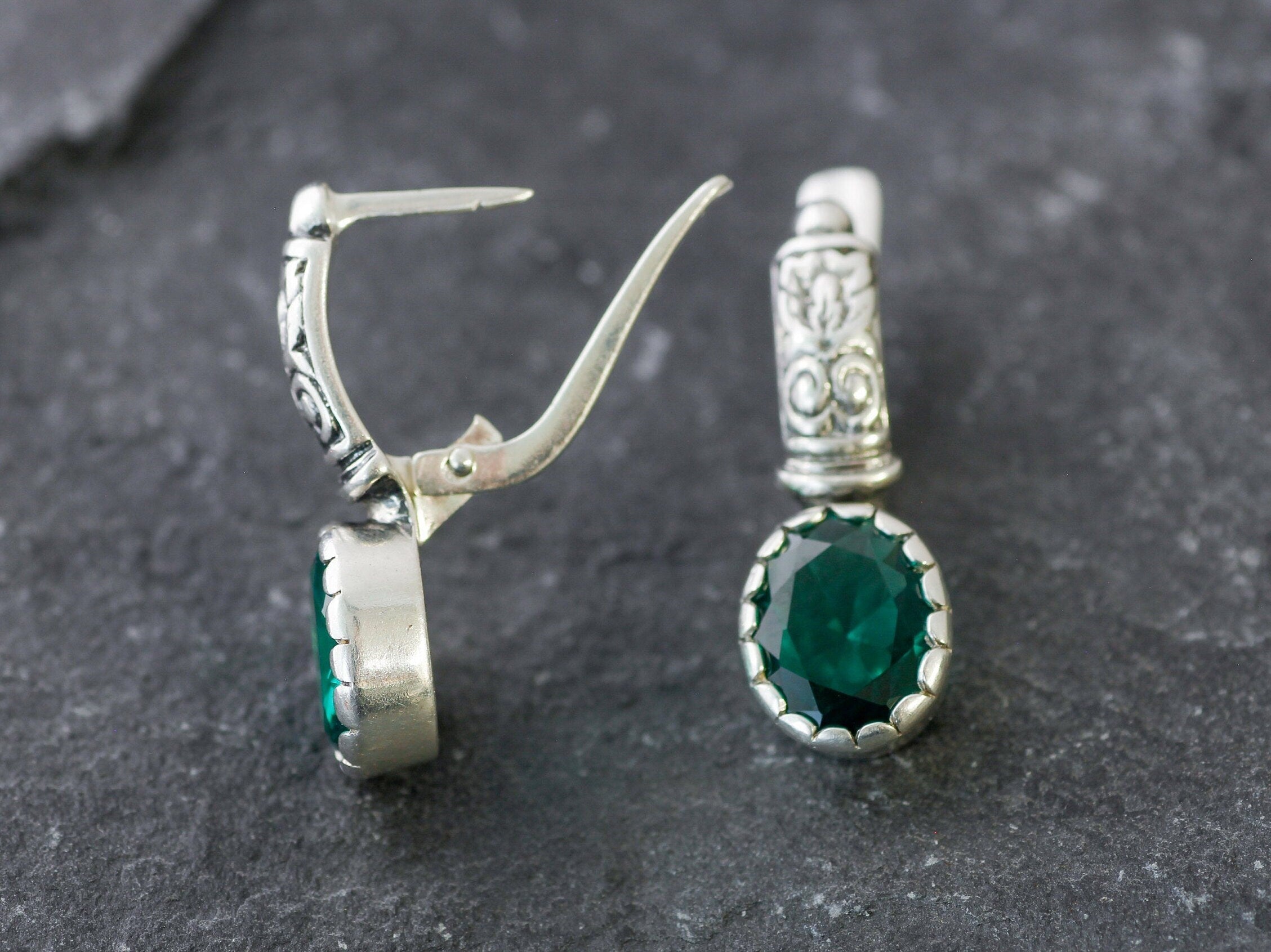 Emerald Earrings, Created Emerald, Tribal Earrings, Green Boho Earrings, Bohemian Earrings, Long Studs, Vintage Earrings, Silver Earrings