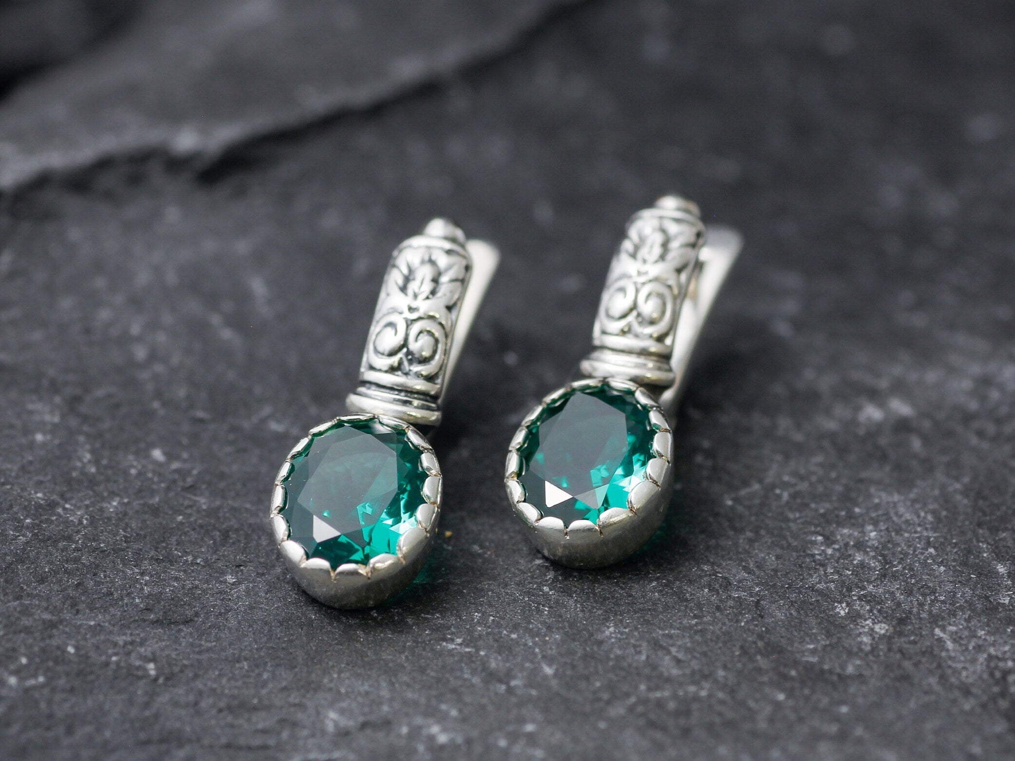 Emerald Earrings, Created Emerald, Tribal Earrings, Green Boho Earrings, Bohemian Earrings, Long Studs, Vintage Earrings, Silver Earrings