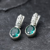 Emerald Earrings, Created Emerald, Tribal Earrings, Green Boho Earrings, Bohemian Earrings, Long Studs, Vintage Earrings, Silver Earrings