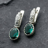 Emerald Earrings, Created Emerald, Tribal Earrings, Green Boho Earrings, Bohemian Earrings, Long Studs, Vintage Earrings, Silver Earrings