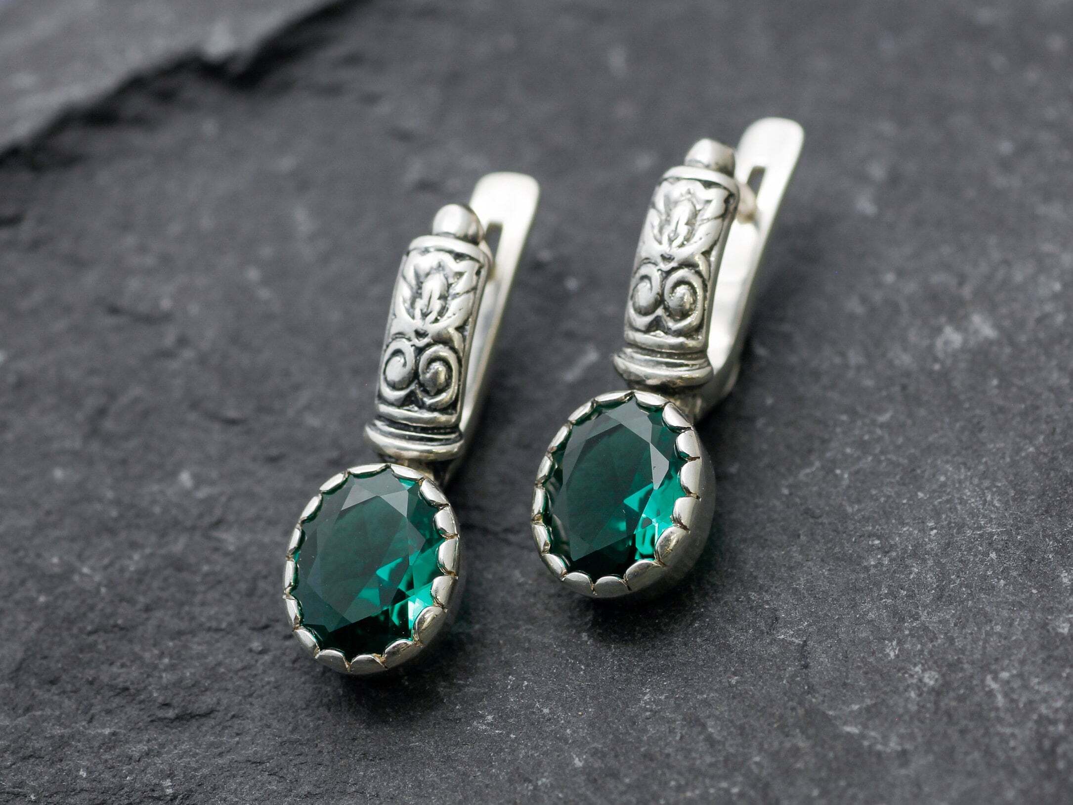 Emerald Earrings, Created Emerald, Tribal Earrings, Green Boho Earrings, Bohemian Earrings, Long Studs, Vintage Earrings, Silver Earrings