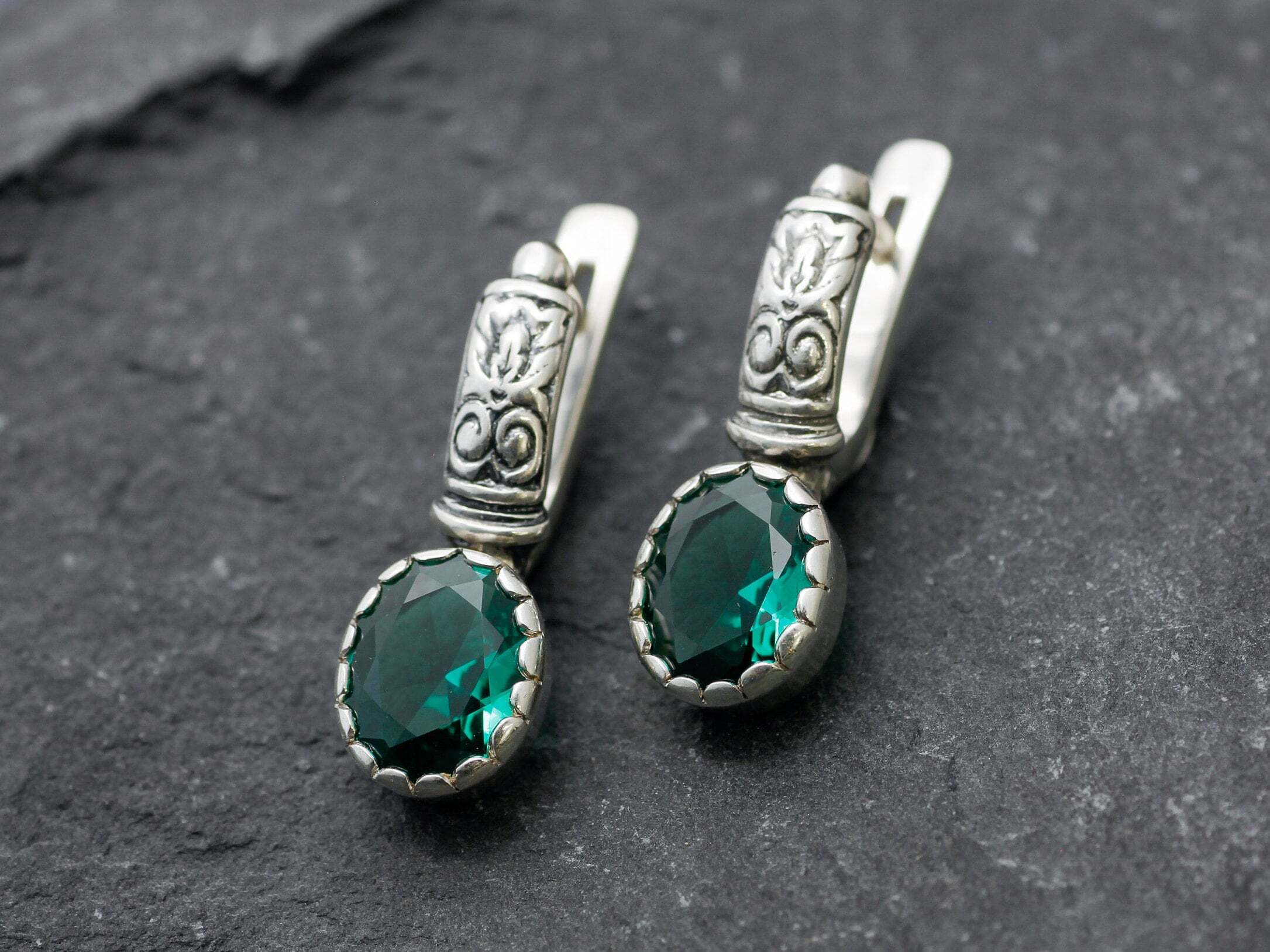 Drop Emerald Earrings - Green Tribal Earrings, Green Boho Earrings