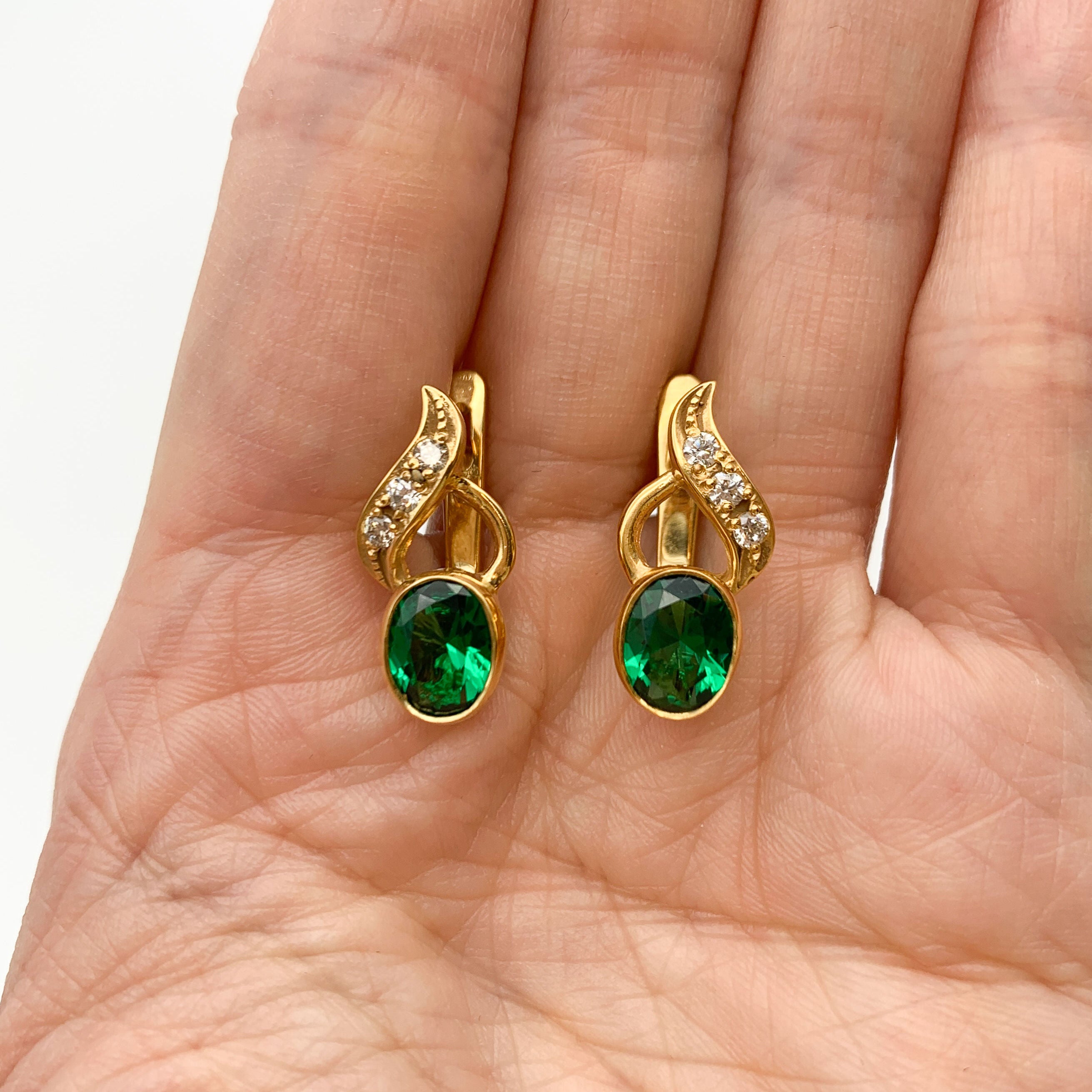 Beautiful 18k Gold Vermeil Earrings with Oval Created Emeralds; a stunning May birthstone gift for special moments.