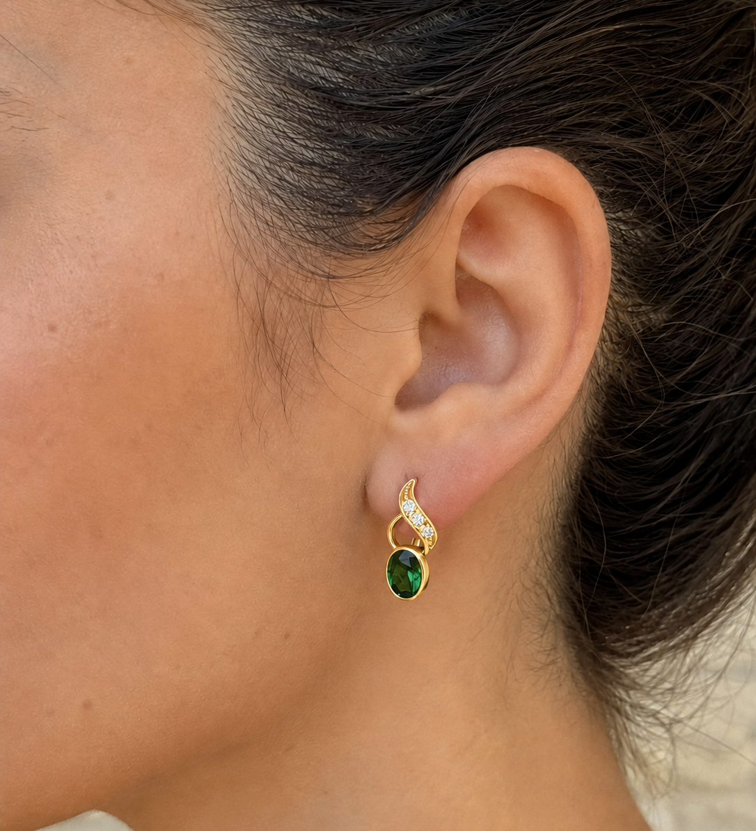 Elegant 18k Gold Vermeil Emerald Earrings with Oval Green Emeralds; perfect for birthdays and everyday elegance.