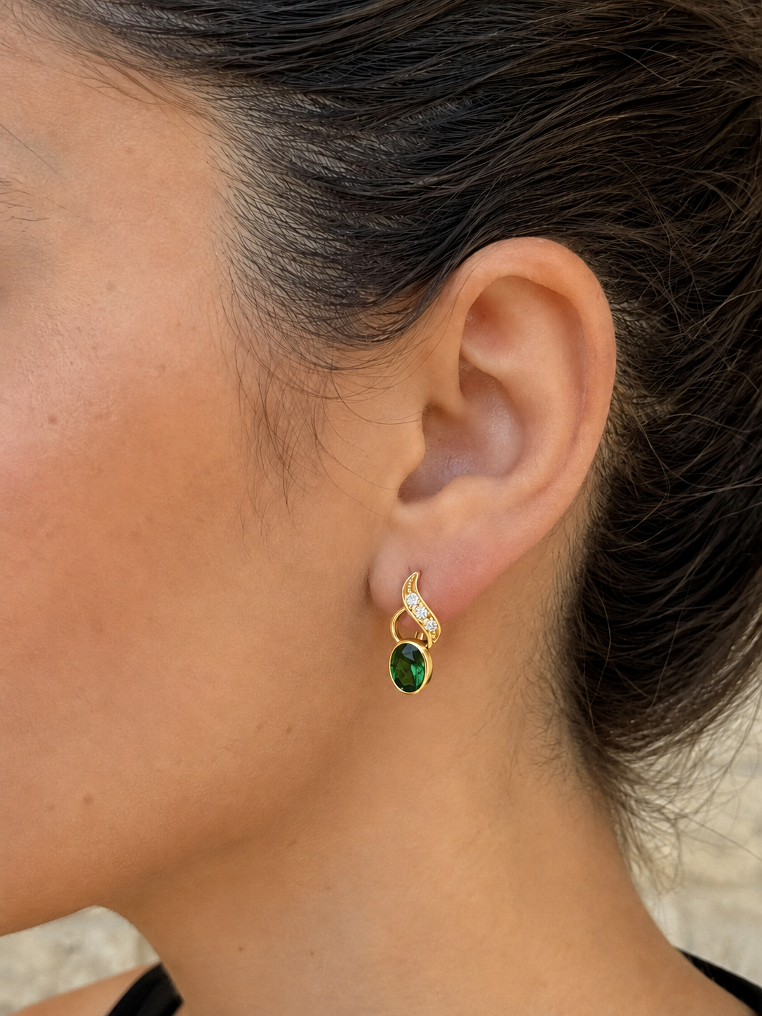 Elegant 18k Gold Vermeil Emerald Earrings with Oval Green Emeralds; perfect for birthdays and everyday elegance.