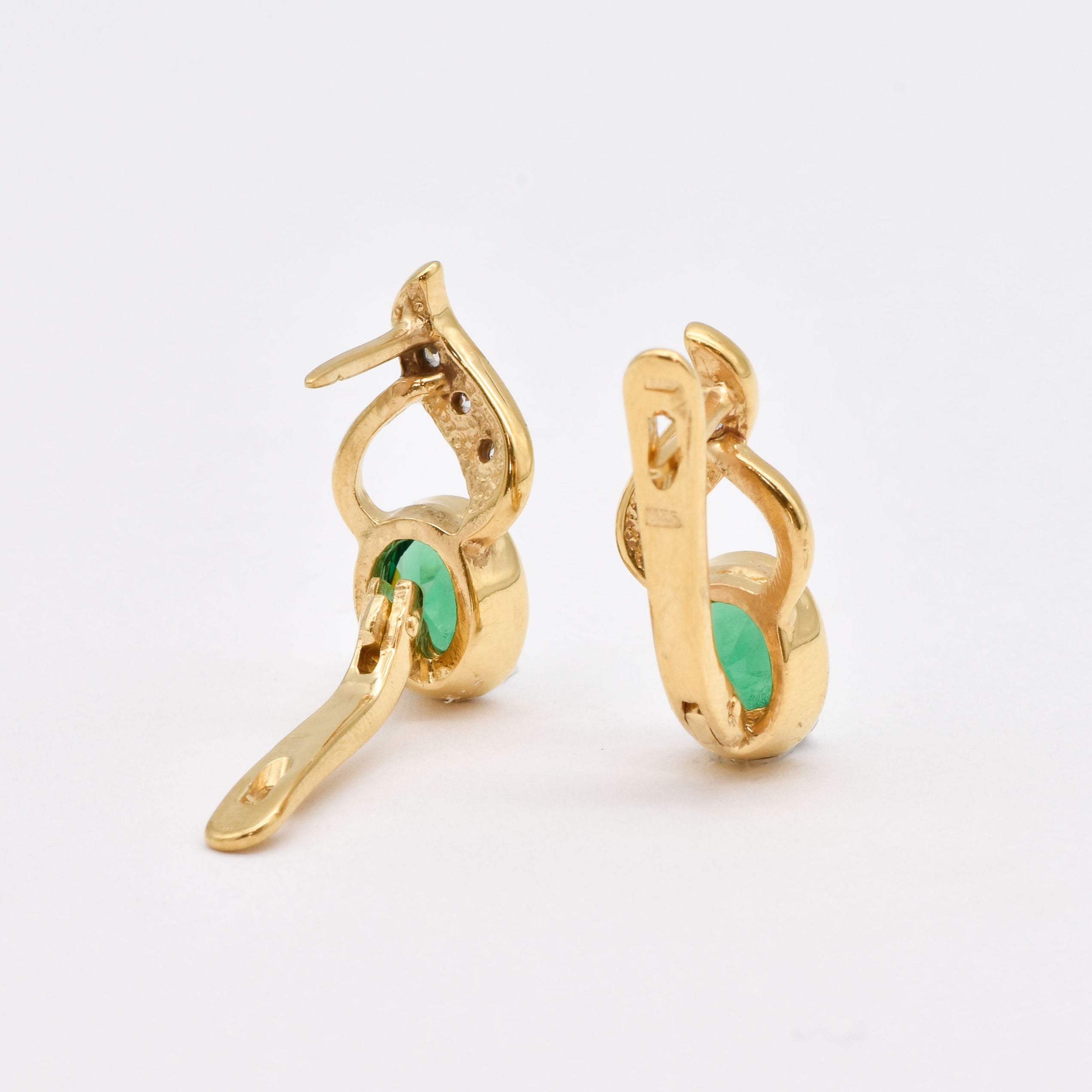 Chic 18k Gold Vermeil Earrings with Oval Created Green Emeralds; a timeless May birthstone gift for any special occasion.