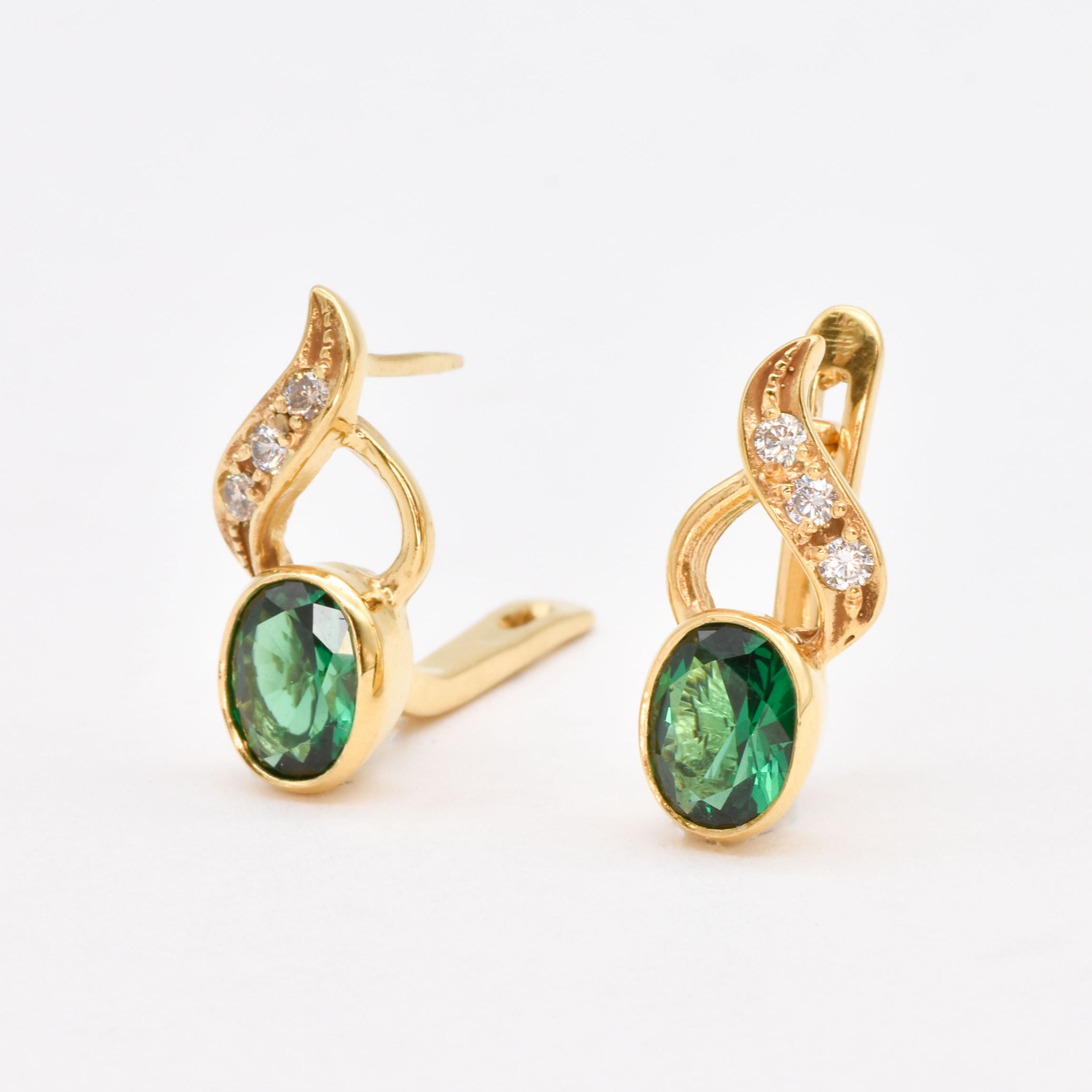 Stylish 18k Gold Vermeil Earrings featuring Avocado Green Emeralds; a thoughtful May birthday gift for any occasion.