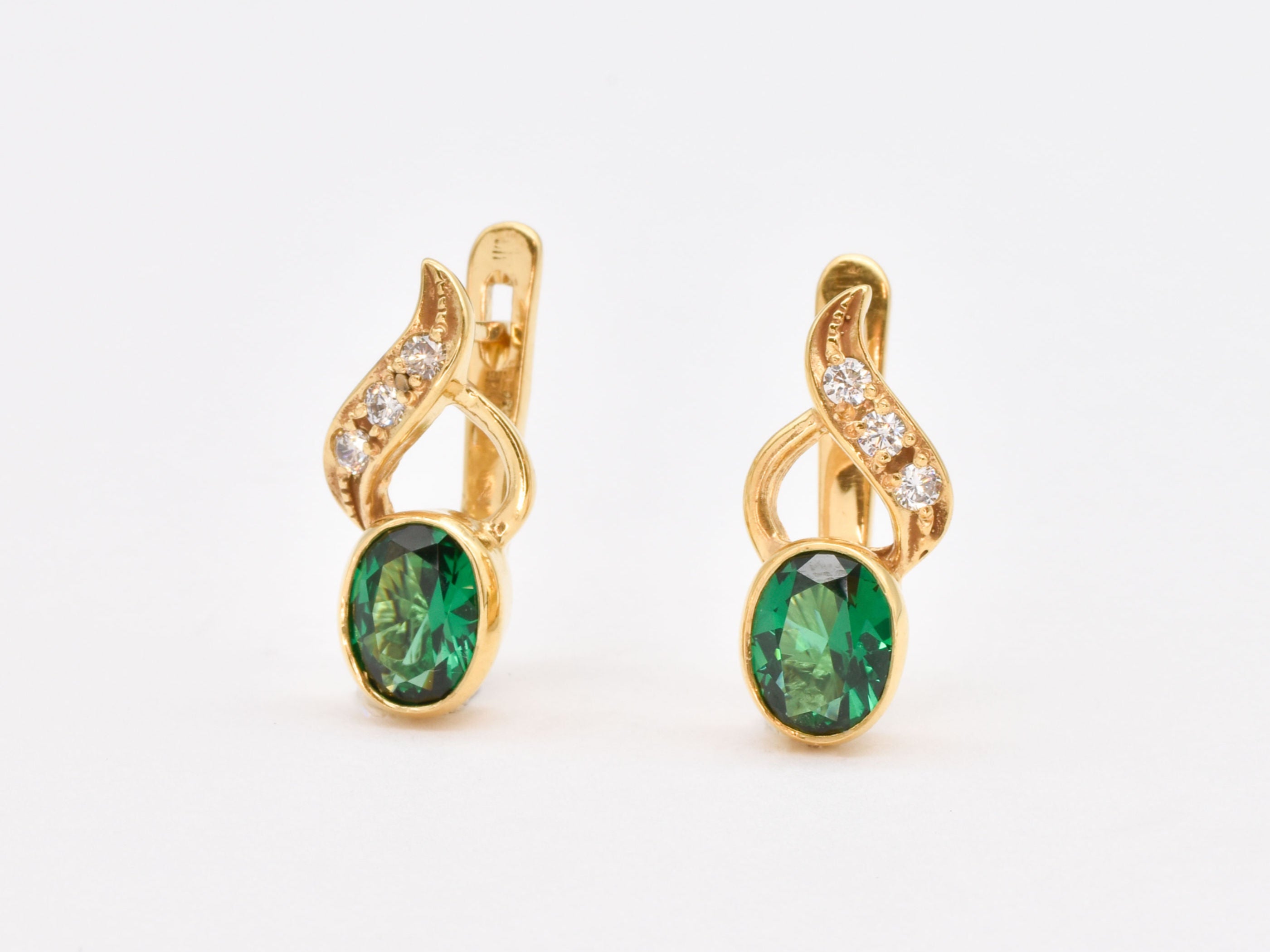 Created Emerald Earrings made in 18k Gold Vermeil with Oval Created Green Emerald in Bezel setting, May Birthstone gift idea, symbolizes, ideal for everyday wear and perfect for birthday gifting and special occasions.
