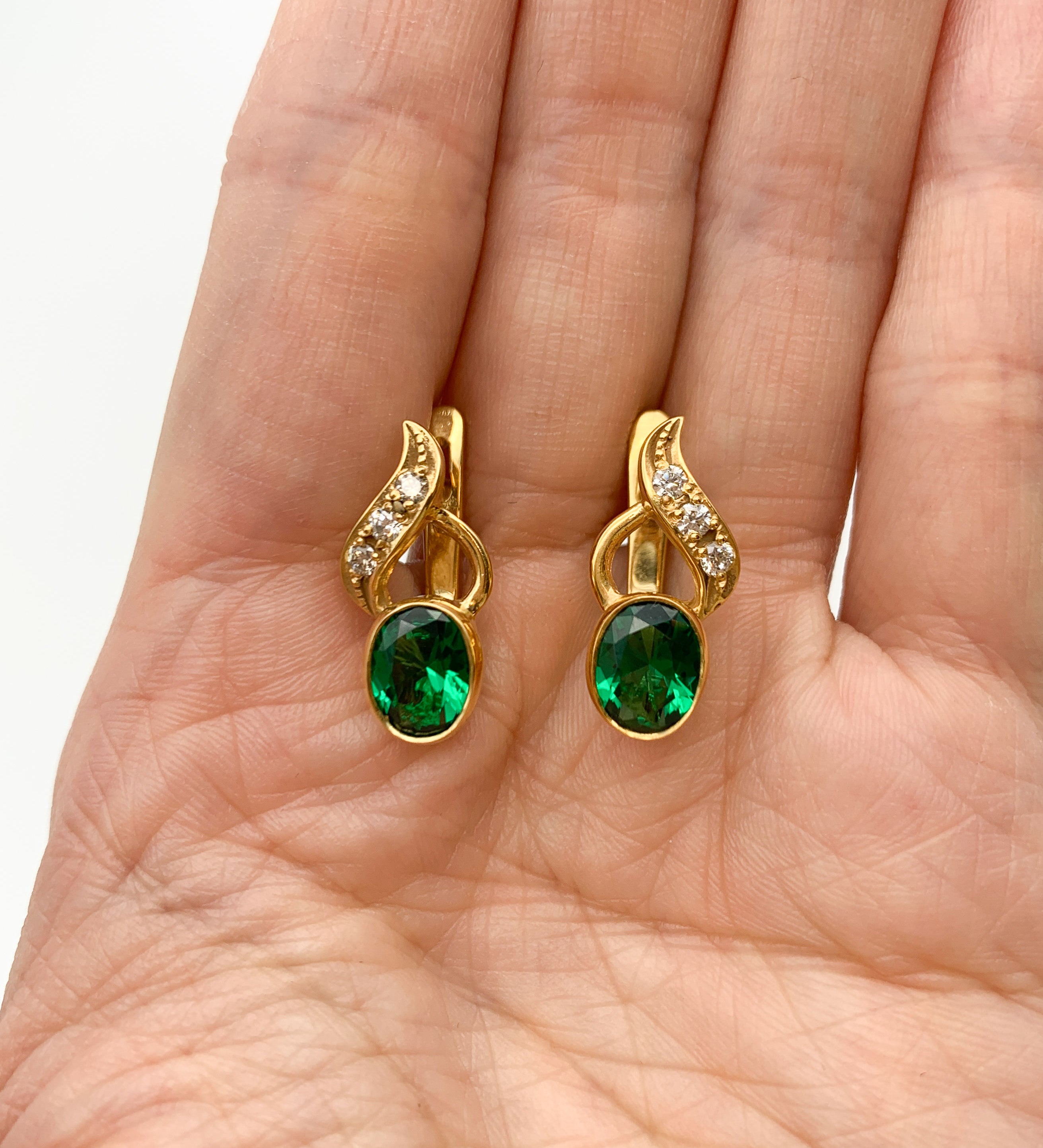 Elegant 18k Gold Vermeil Emerald Earrings with Oval Green Emeralds; perfect for birthdays and everyday elegance.