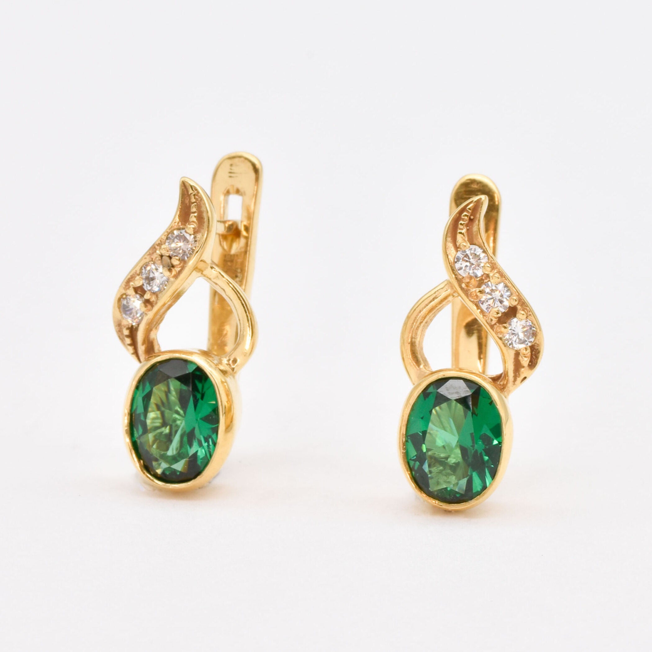 Created Emerald Earrings made in 18k Gold Vermeil with Oval Created Green Emerald in Bezel setting, May Birthstone gift idea, symbolizes, ideal for everyday wear and perfect for birthday gifting and special occasions.
