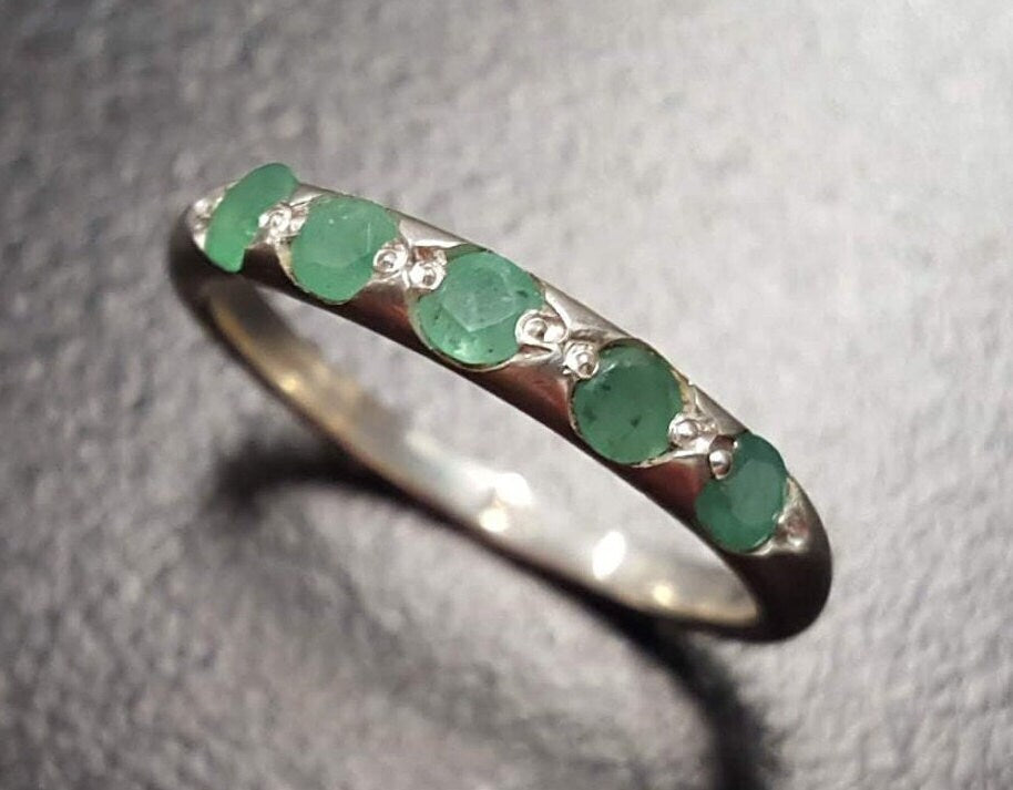Natural Emerald Band, Half Eternity Green Ring, May Birthstone Ring